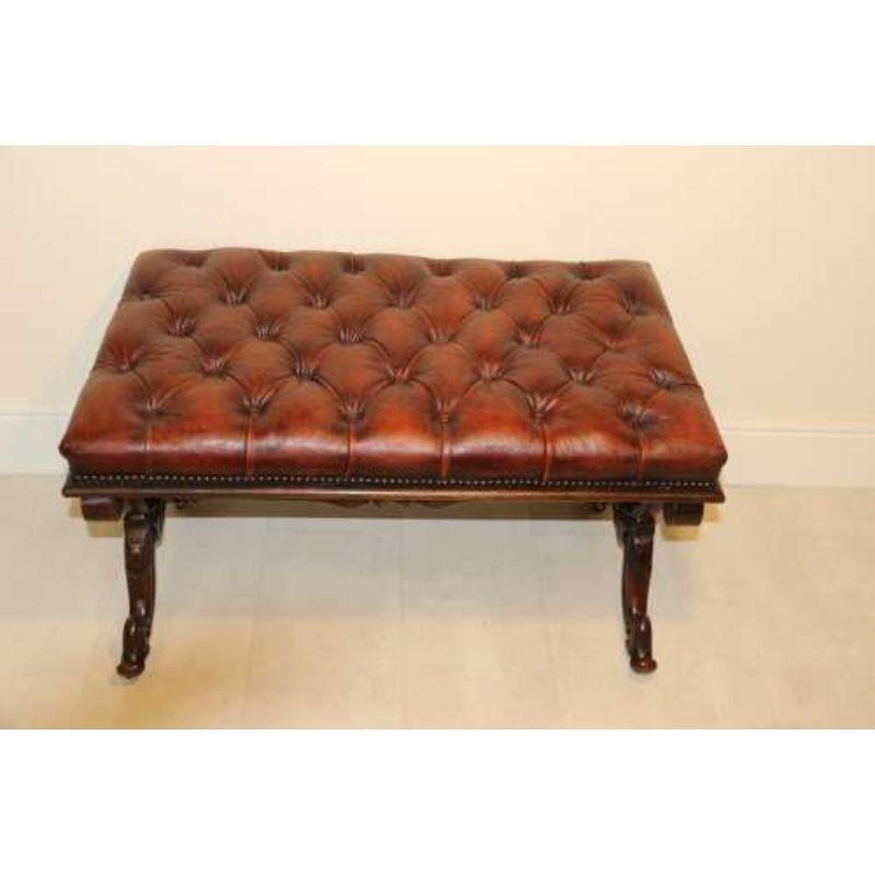 19th Century Large Leather Upholstered Carved Walnut Stool, circa 1860, English 2