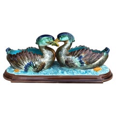 19th Century Large Majolica Jardiniere with 2 Ducks Sarreguemines