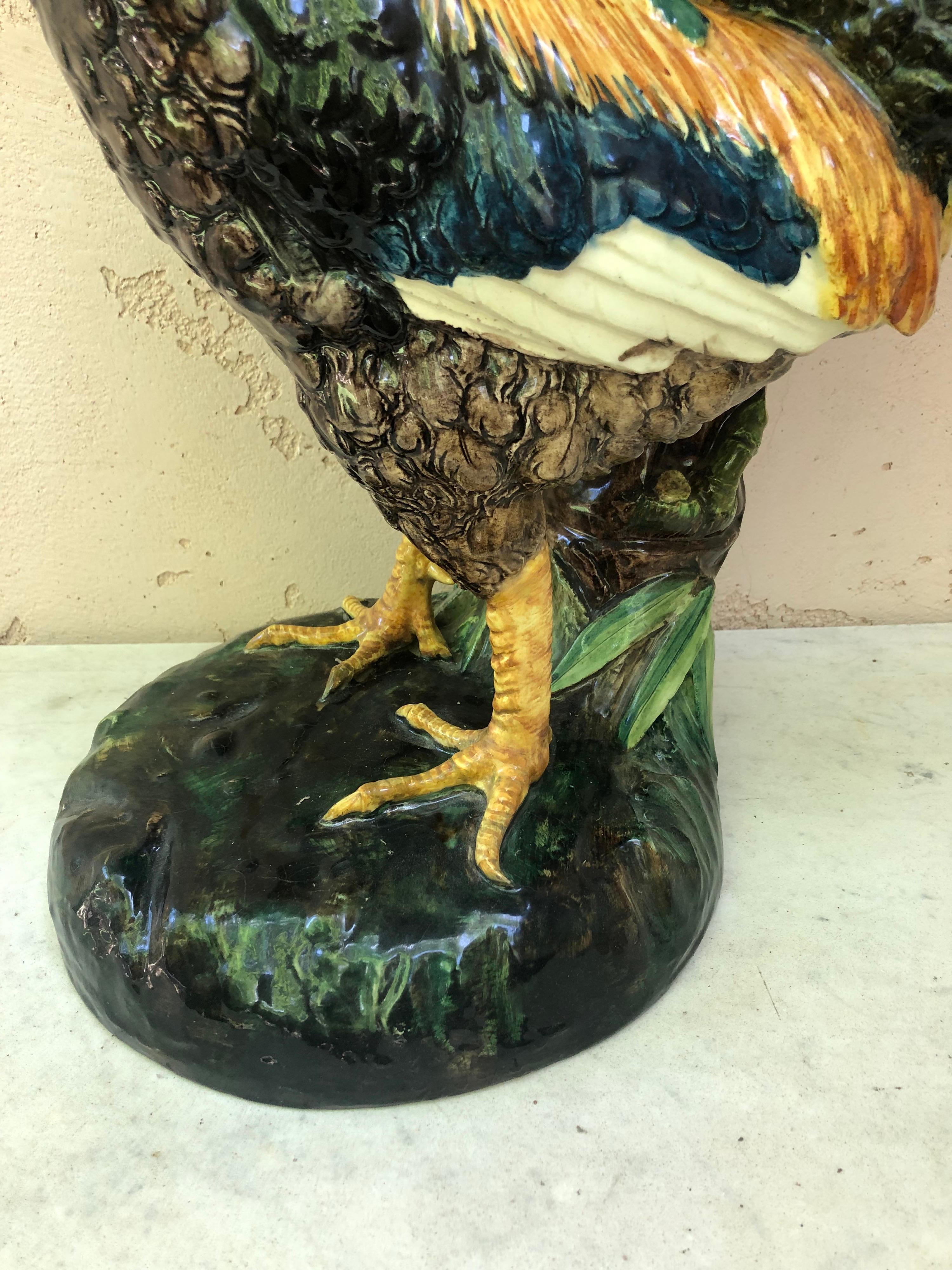 19th Century Large Majolica Rooster with Bamboo Vase Delphin Massier For Sale 4