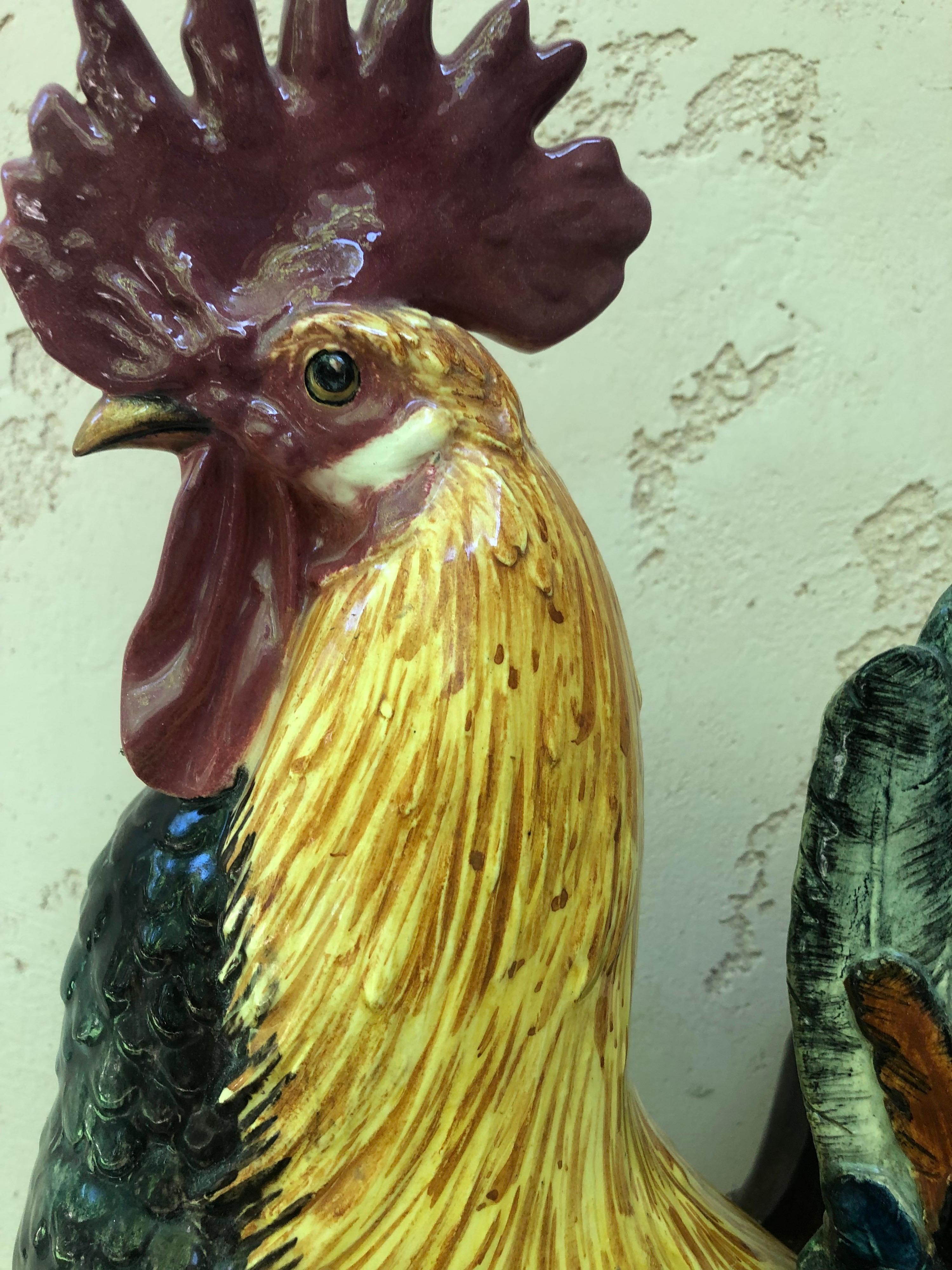 Victorian 19th Century Large Majolica Rooster with Bamboo Vase Delphin Massier For Sale