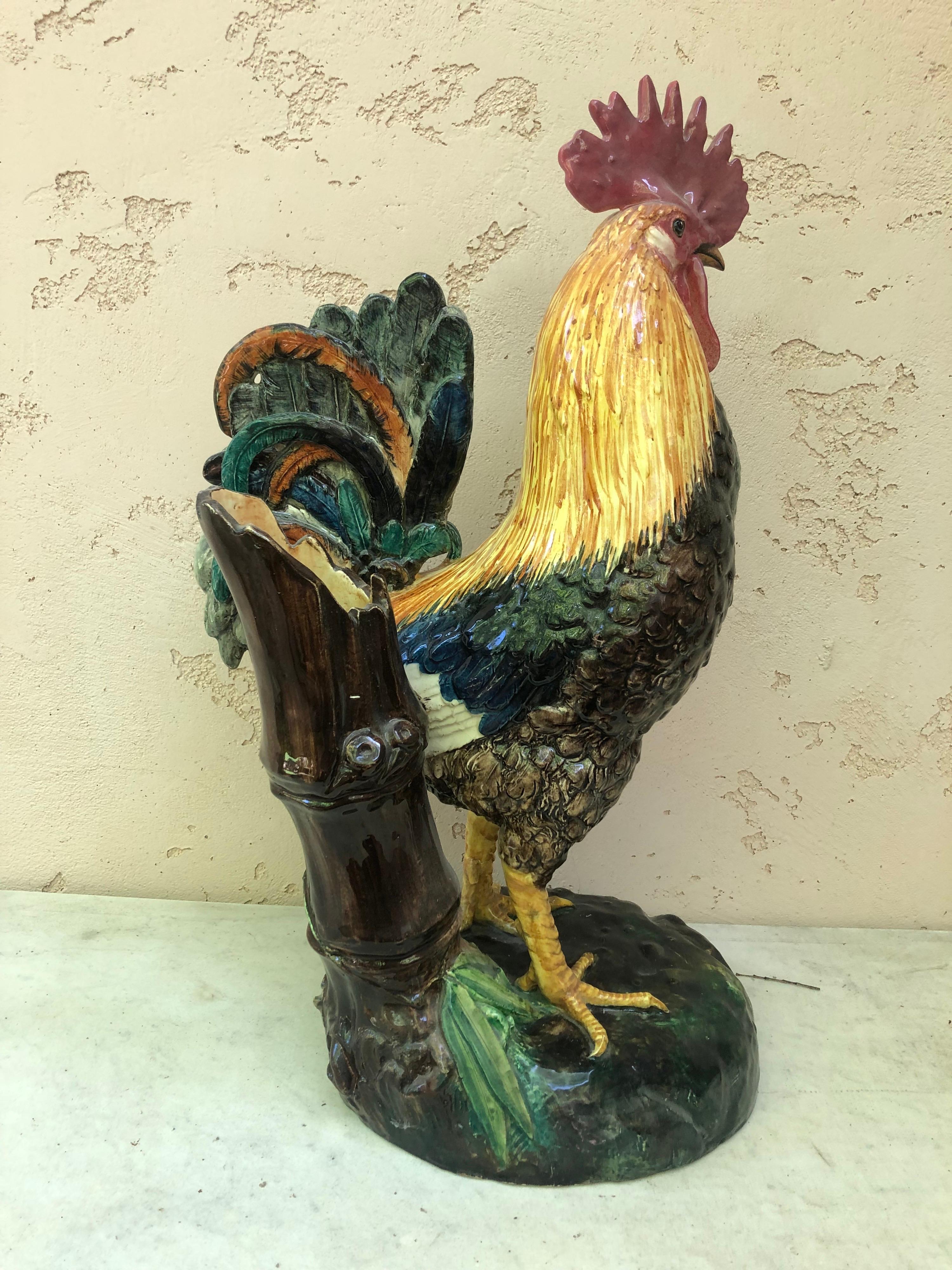 19th Century Large Majolica Rooster with Bamboo Vase Delphin Massier In Good Condition For Sale In Austin, TX