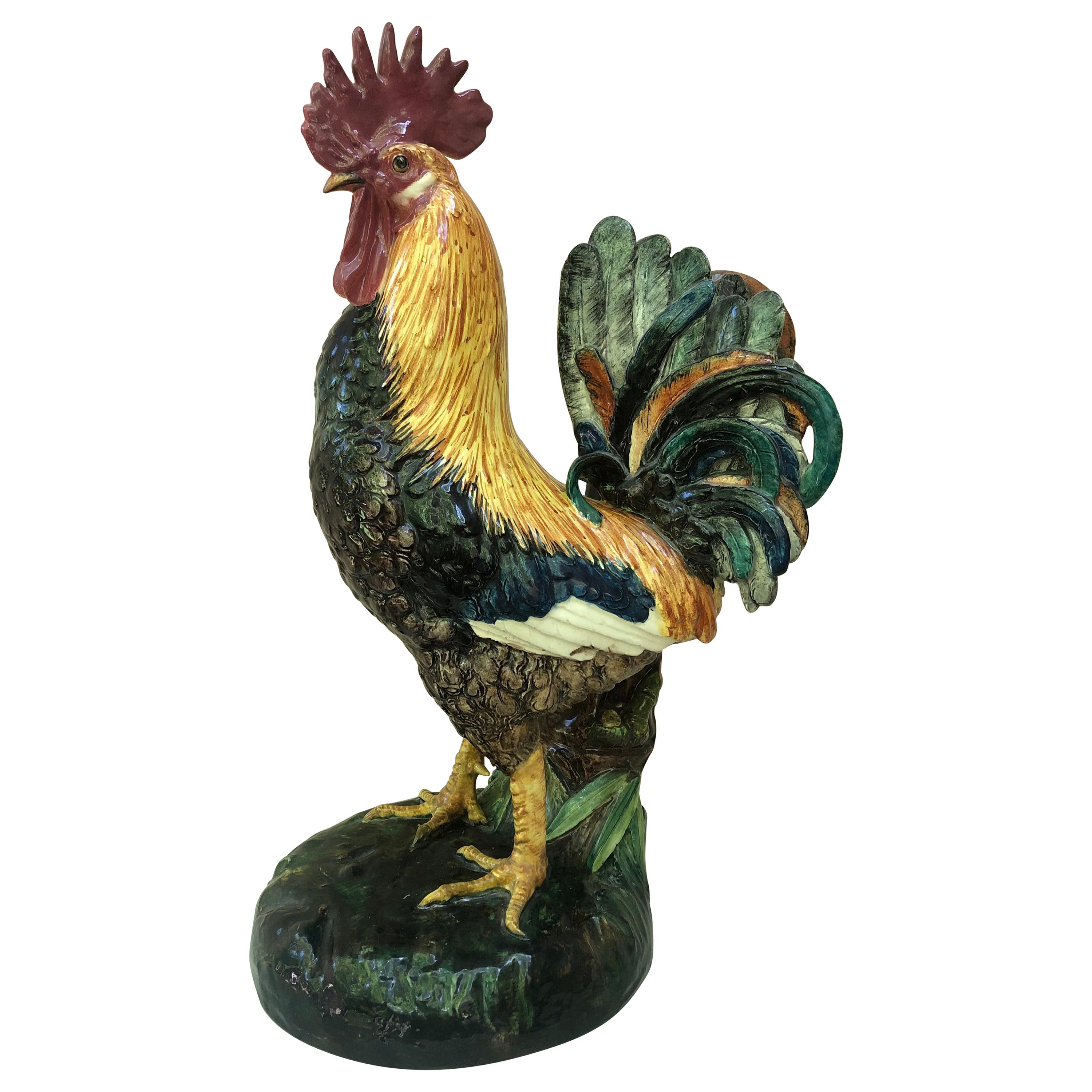 19th Century Large Majolica Rooster with Bamboo Vase Delphin Massier