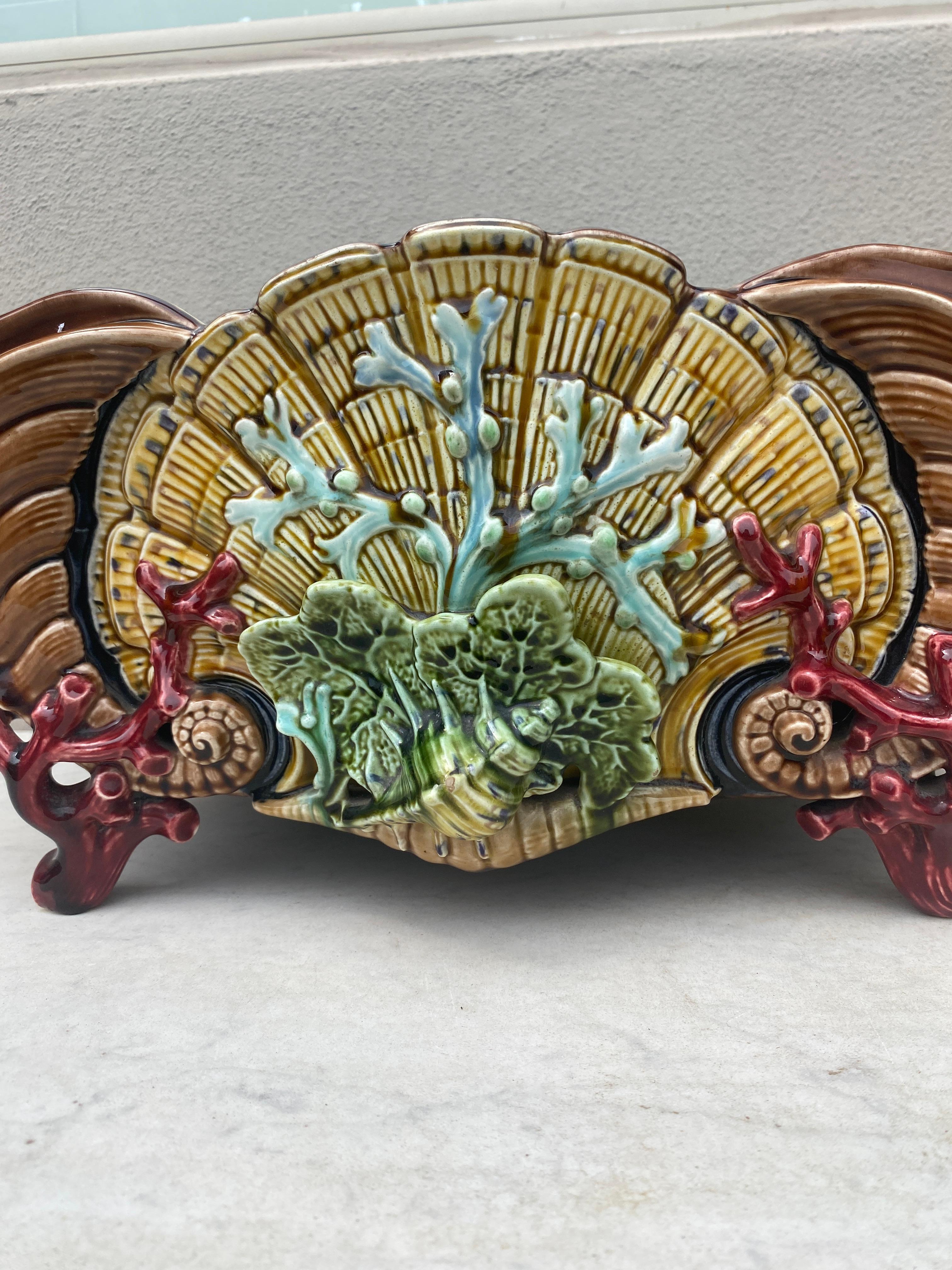 Aesthetic Movement 19th Century Large Majolica Shell & Coral Jardiniere Sarreguemines For Sale