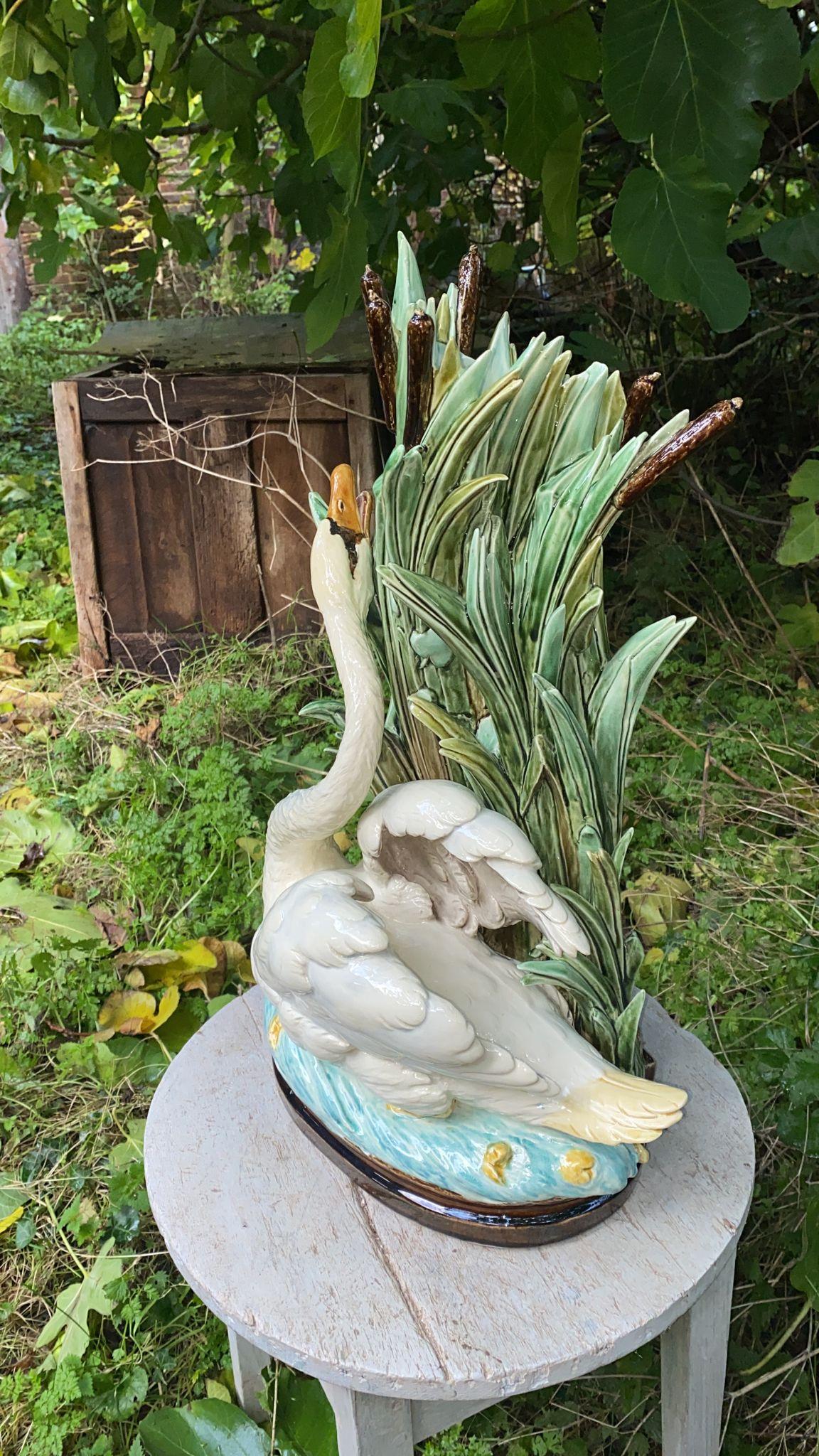 Country 19th Century Large Majolica Swan Vase Choisy Le Roi  For Sale