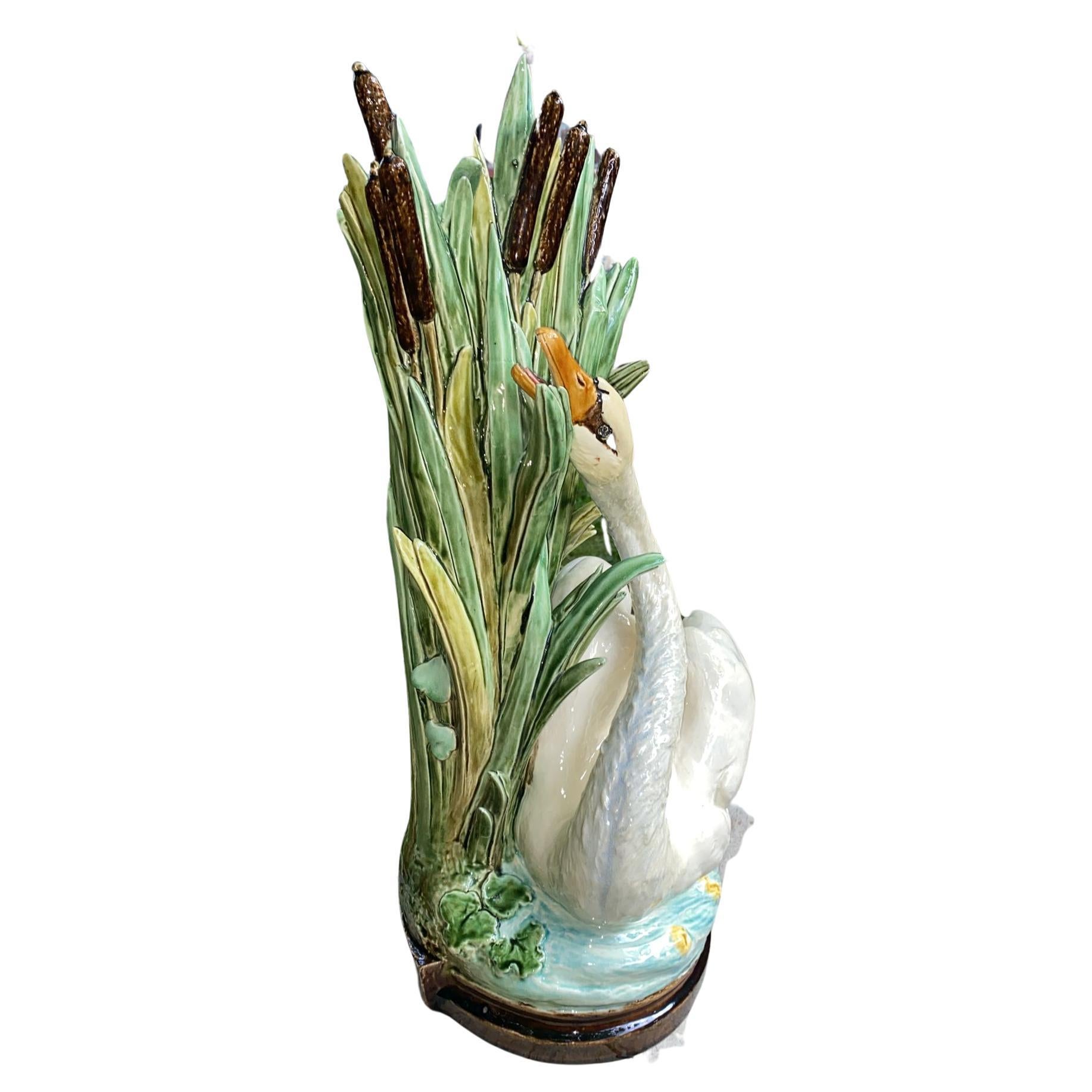 French 19th Century Large Majolica Swan Vase Choisy Le Roi  For Sale