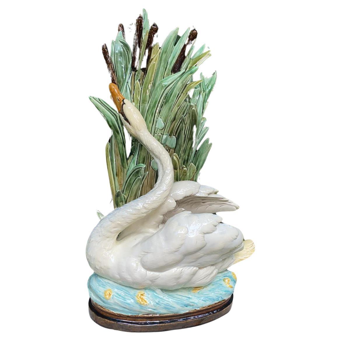 19th Century Large Majolica Swan Vase Choisy Le Roi 