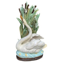 19th Century Large Majolica Swan Vase Choisy Le Roi 