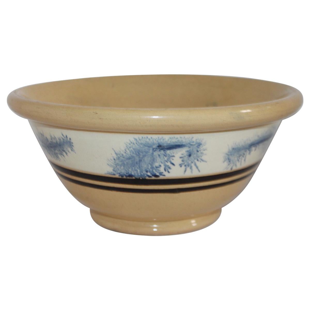 19th Century Large Mocha Yellow Ware Seaweed Decorated Bowl For Sale