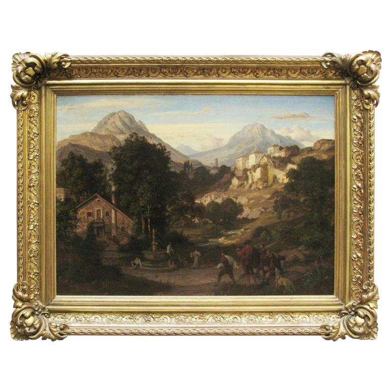 19th Century Large Mountain Landscape with Village by German Ed Cohen 1866 For Sale