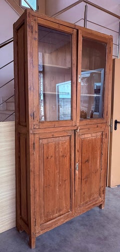19th Century Large & Narrow Cupboard or Bookcase with Glass Vitrine, Pine