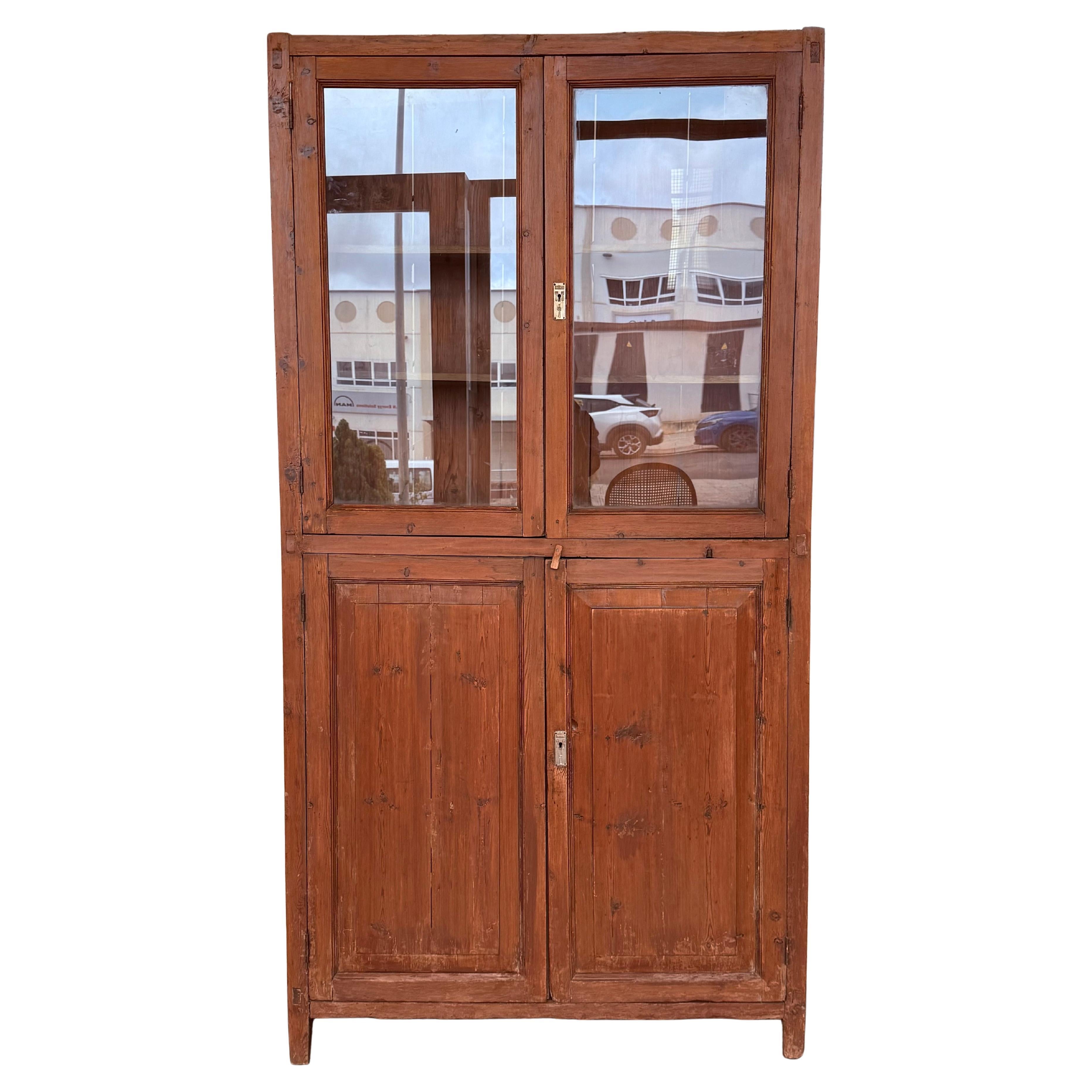 19th Century Large & Narrow Cupboard or Bookcase with Glass Vitrine, Pine