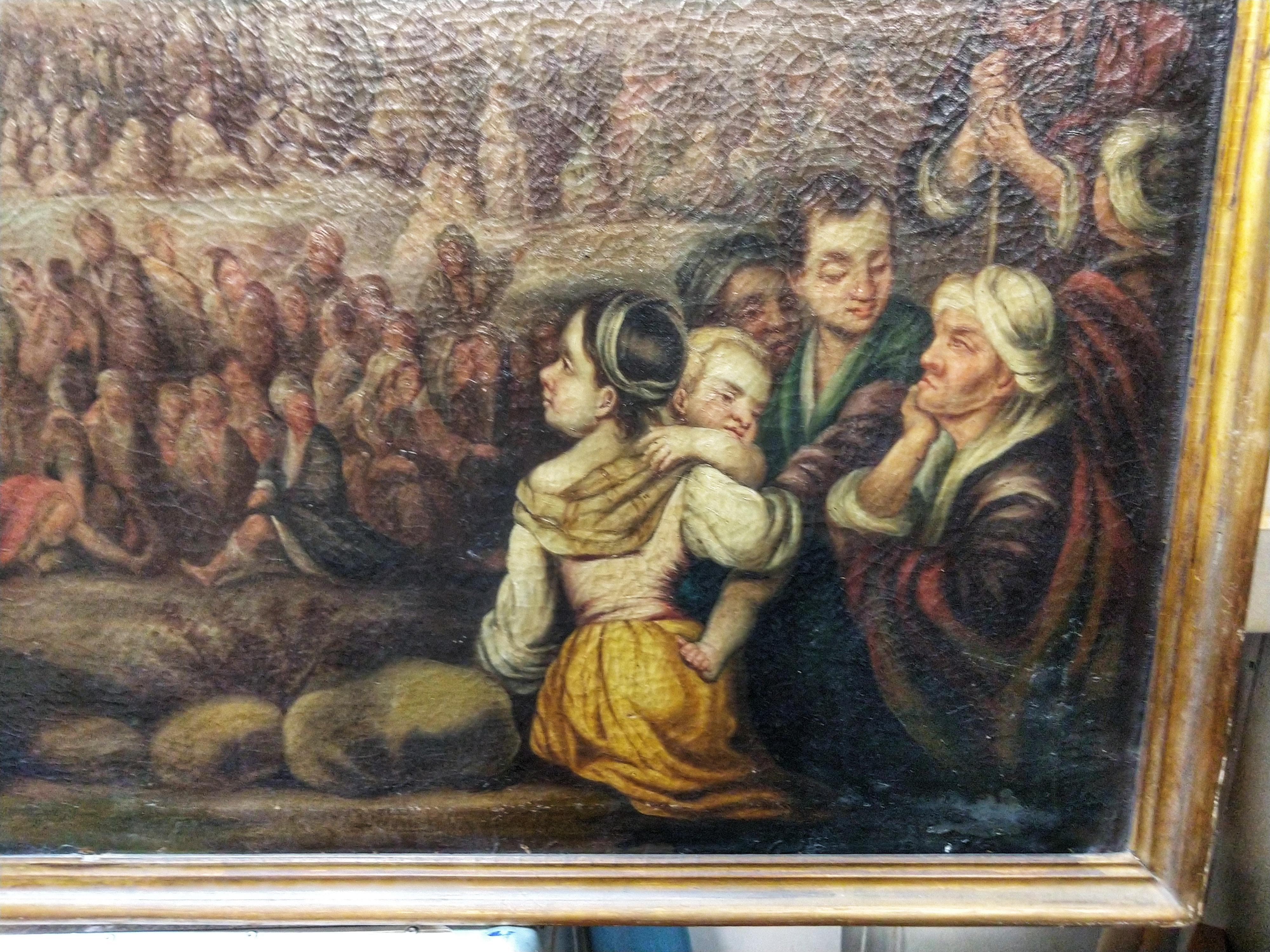 Oil on canvas scene of the Feeding the Multitude (Feeding the multitude is a term used to refer to two separate miracles of Jesus reported in the Gospels. The first miracle, 