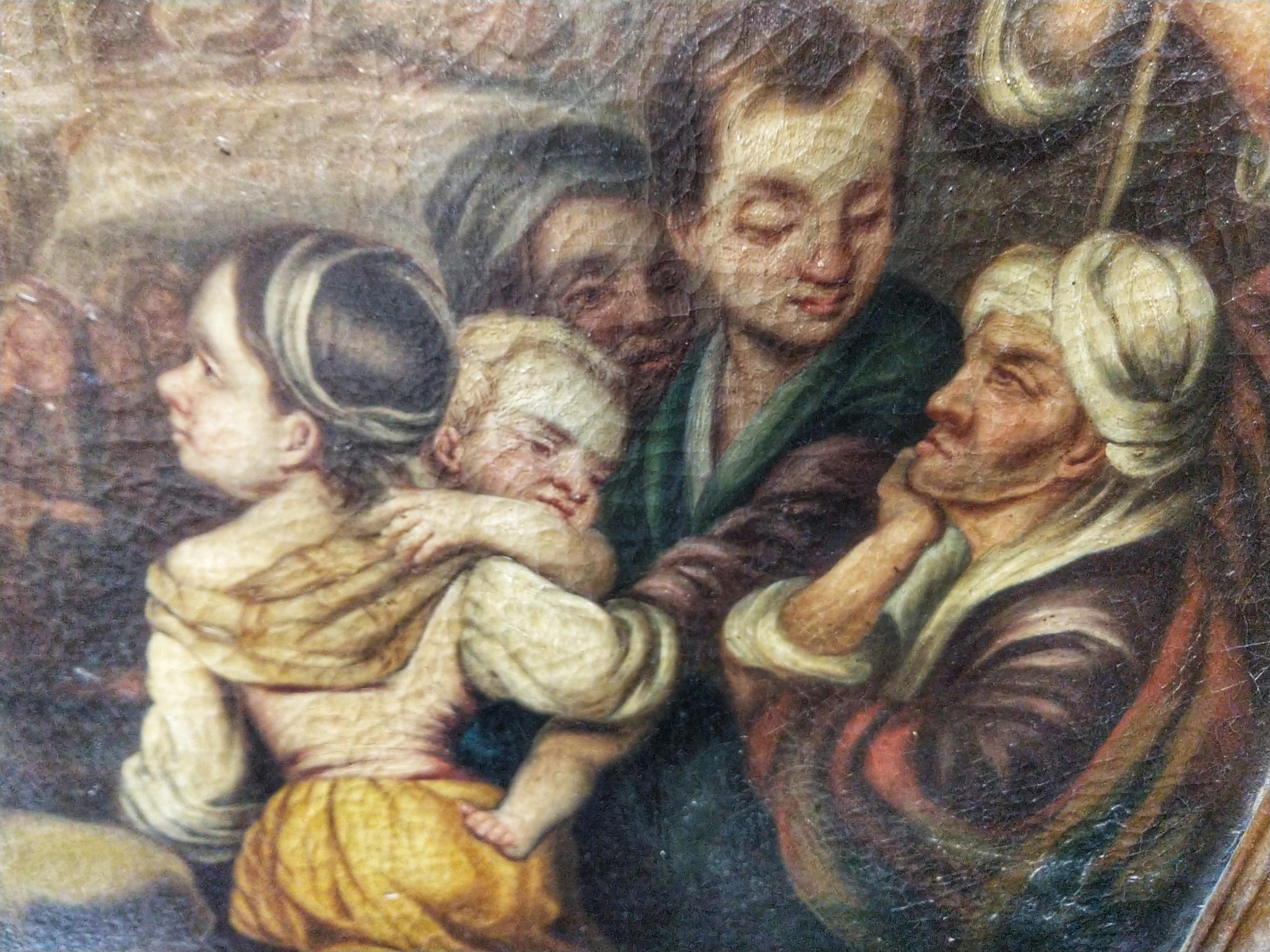 Gilt 19th Century Large Oil on Canvas Copy of Murillo Feeding the Multitude Scene For Sale