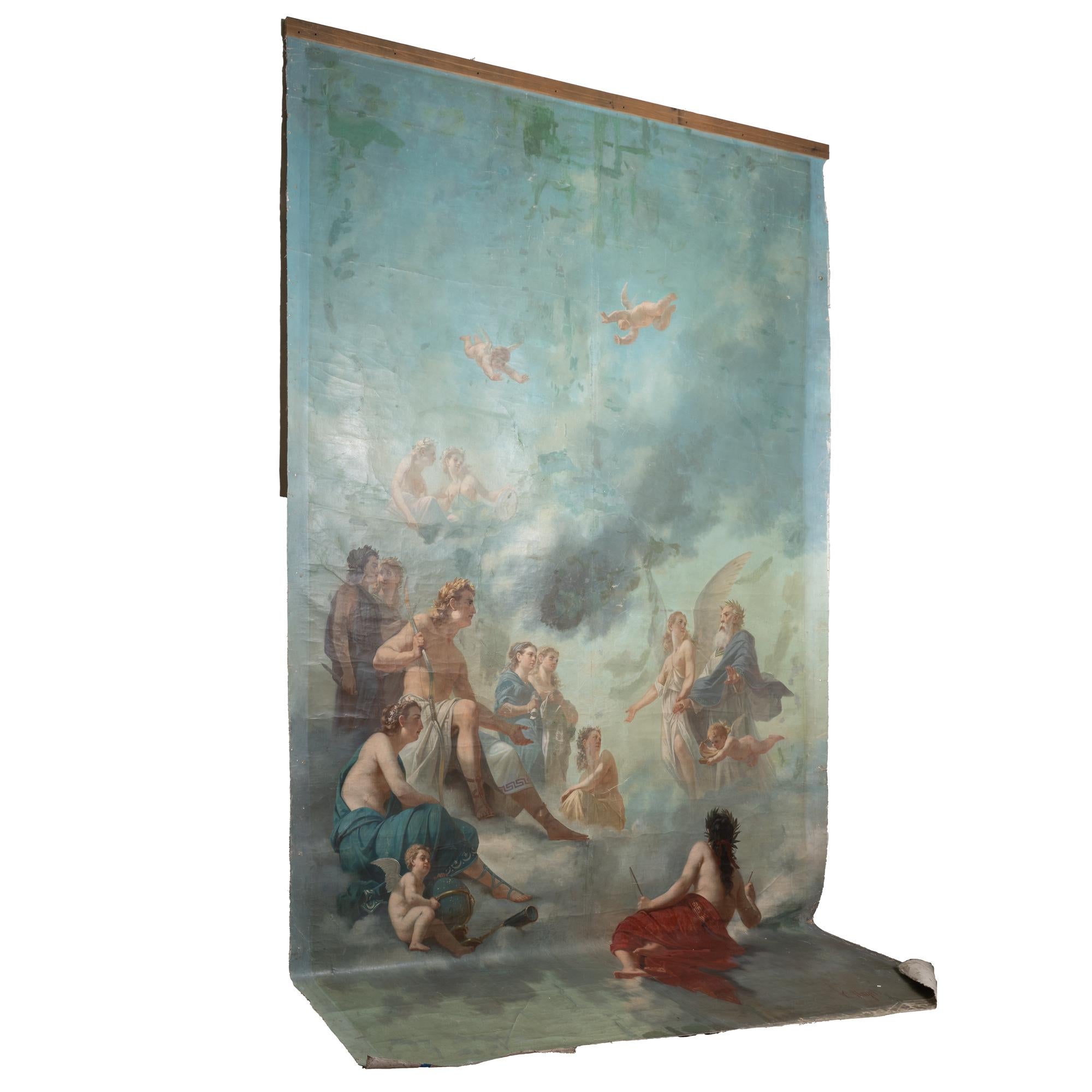 Apollo und Zeus, ein Treffen im Himmel: Dieses beeindruckende Original-Wandgemälde in Öl auf Leinwand wurde von Ernest Narjot (1826-1886) gemalt. Mit einer Höhe von 15,5' und einer Breite von 10' ist diese massive Leinwand ein seltener Fund.
Dieses