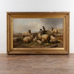 Gran óleo sobre lienzo del siglo XIX de oveja y pastor de las Highlands escocesas