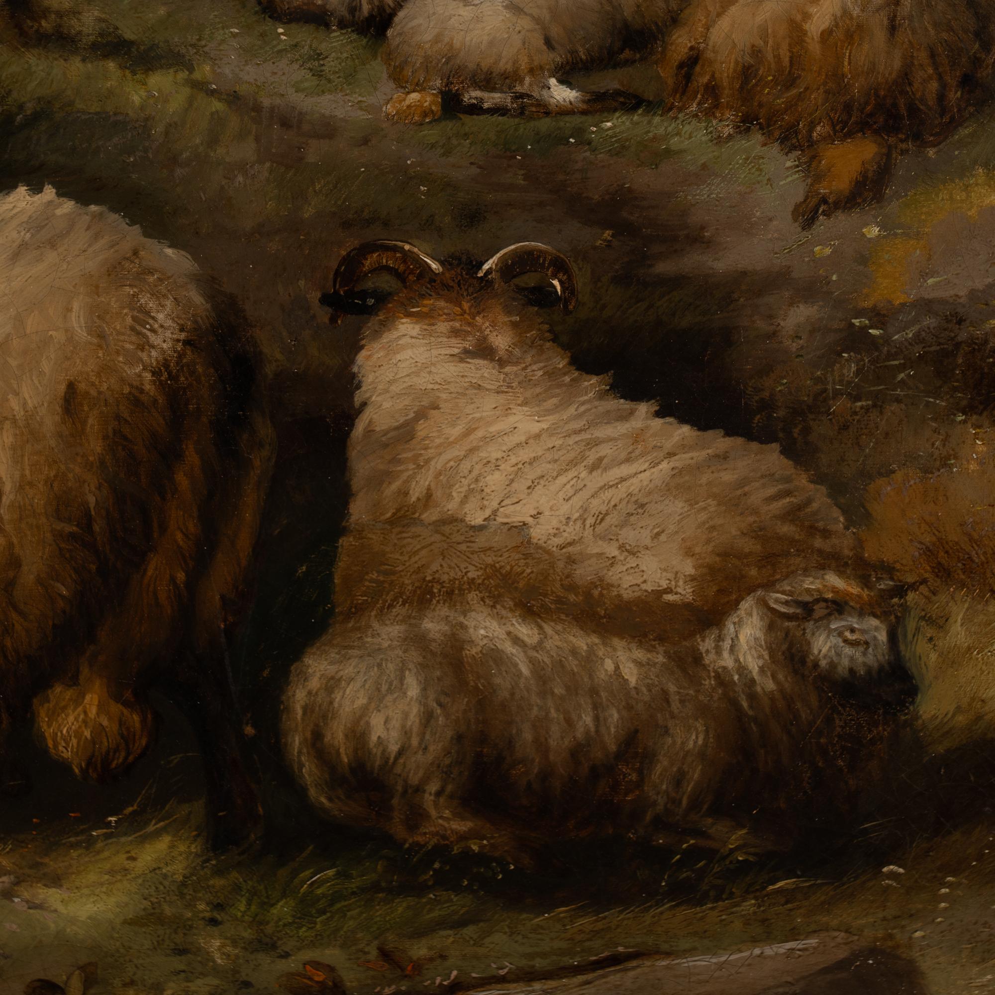 19th Century Large Oil on Canvas of Scottish Highland Sheep and Shepherd im Angebot 2