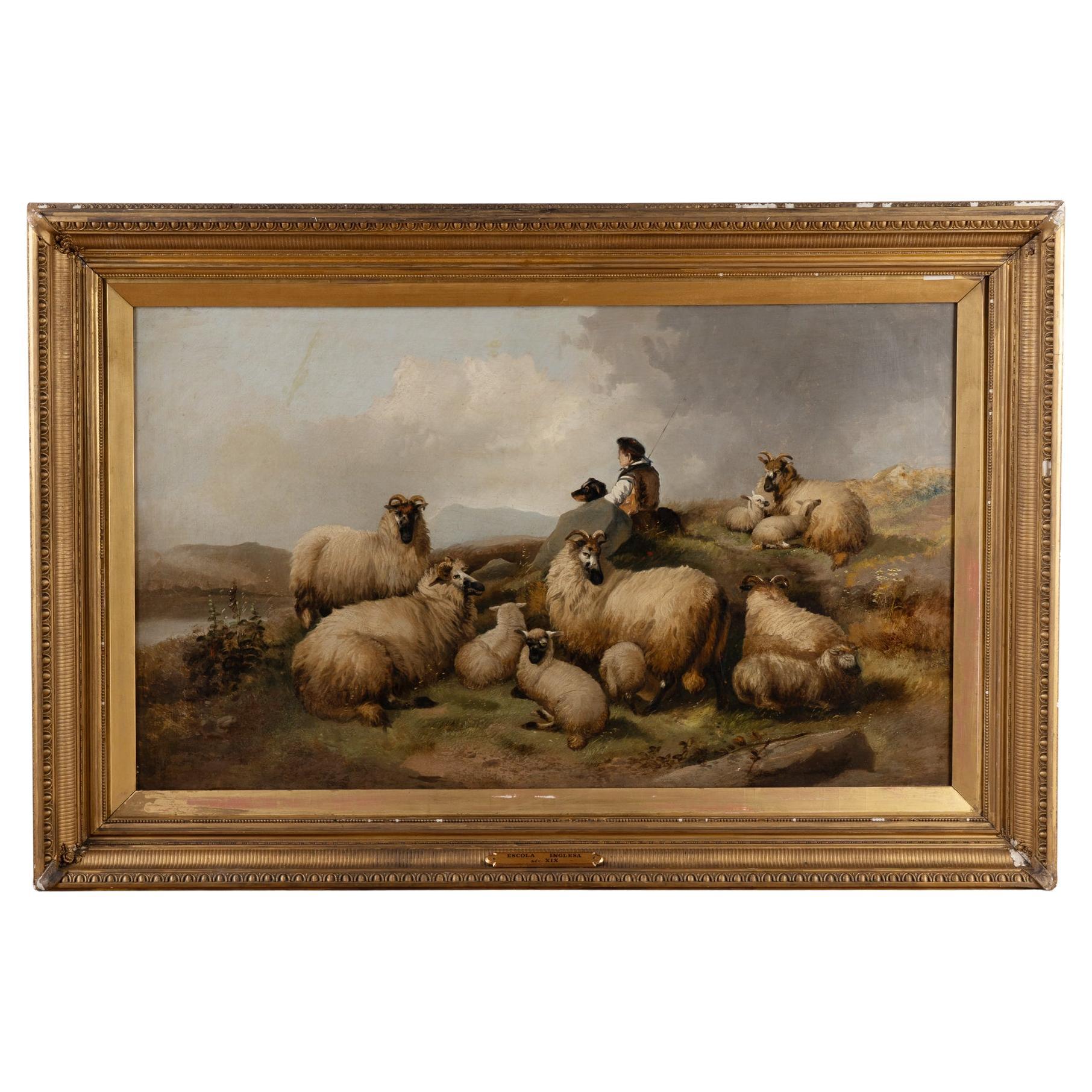 19th Century Large Oil on Canvas of Scottish Highland Sheep and Shepherd im Angebot