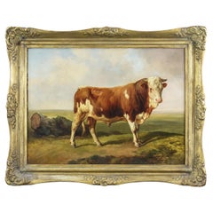 19th Century Large Oil on Canvas Painting of a Bull
