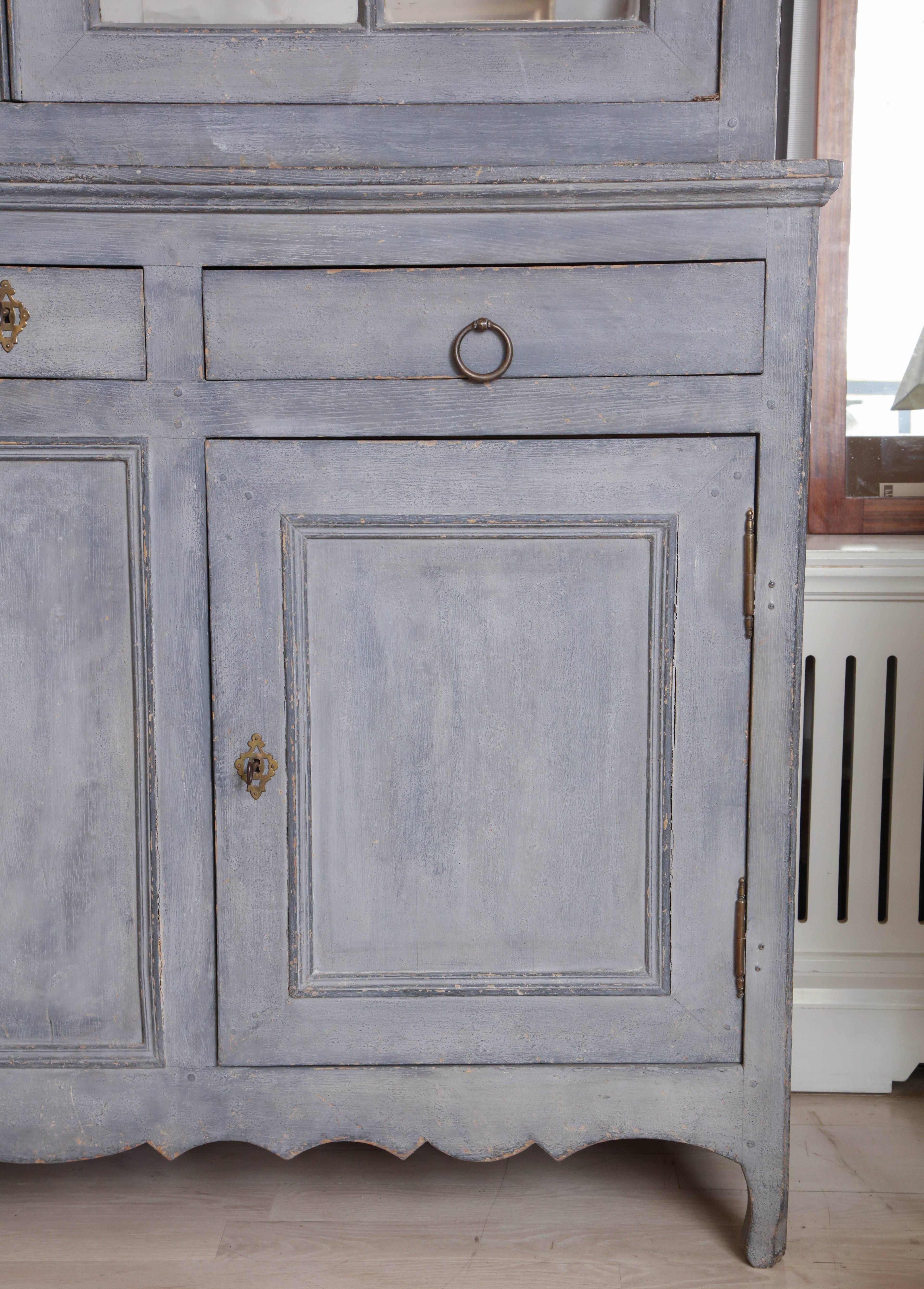 Country 19th Century Large Painted Blue Cabinet with Glass Doors, France, circa 1850