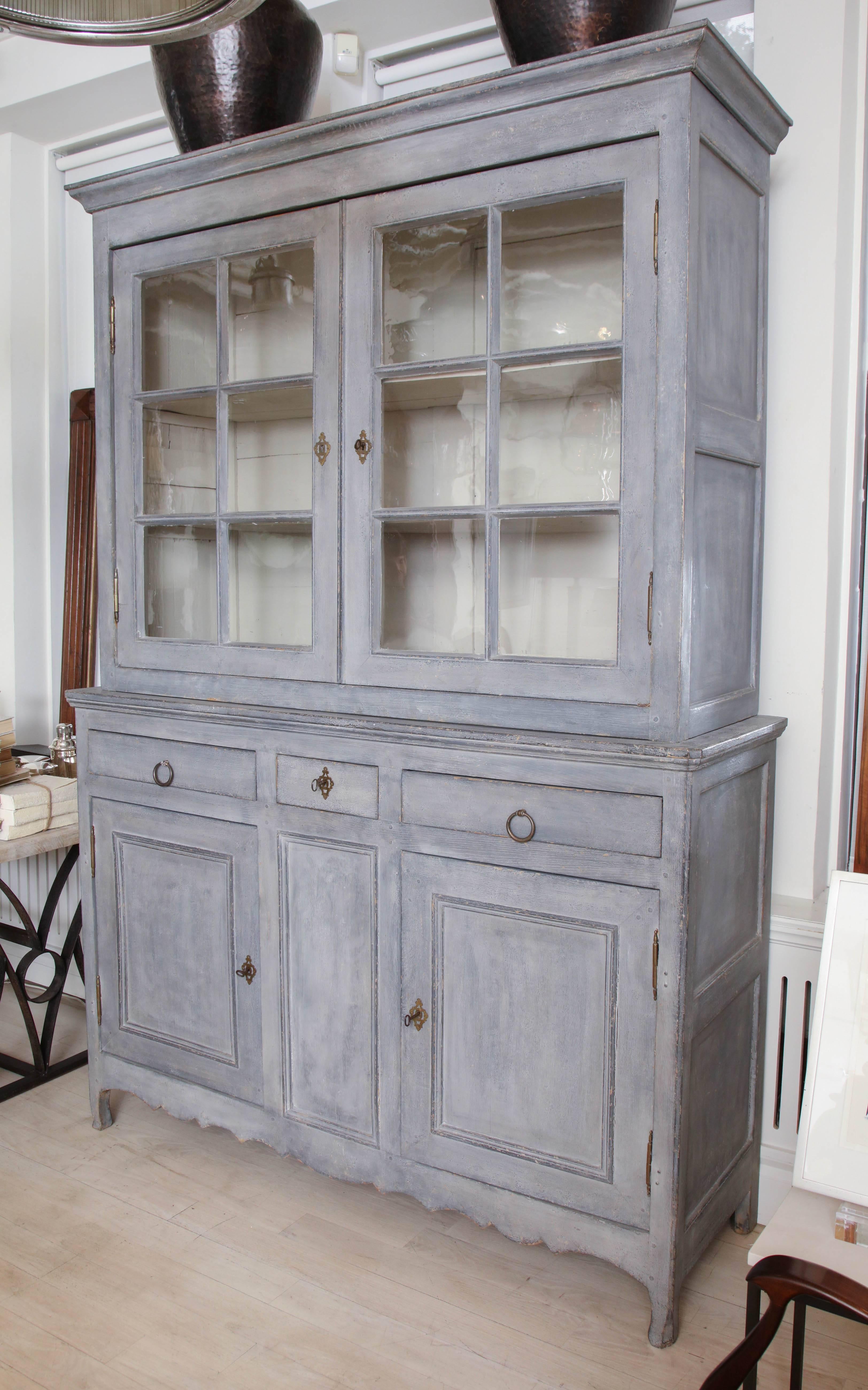 19th Century Large Painted Blue Cabinet with Glass Doors, France, circa 1850 2