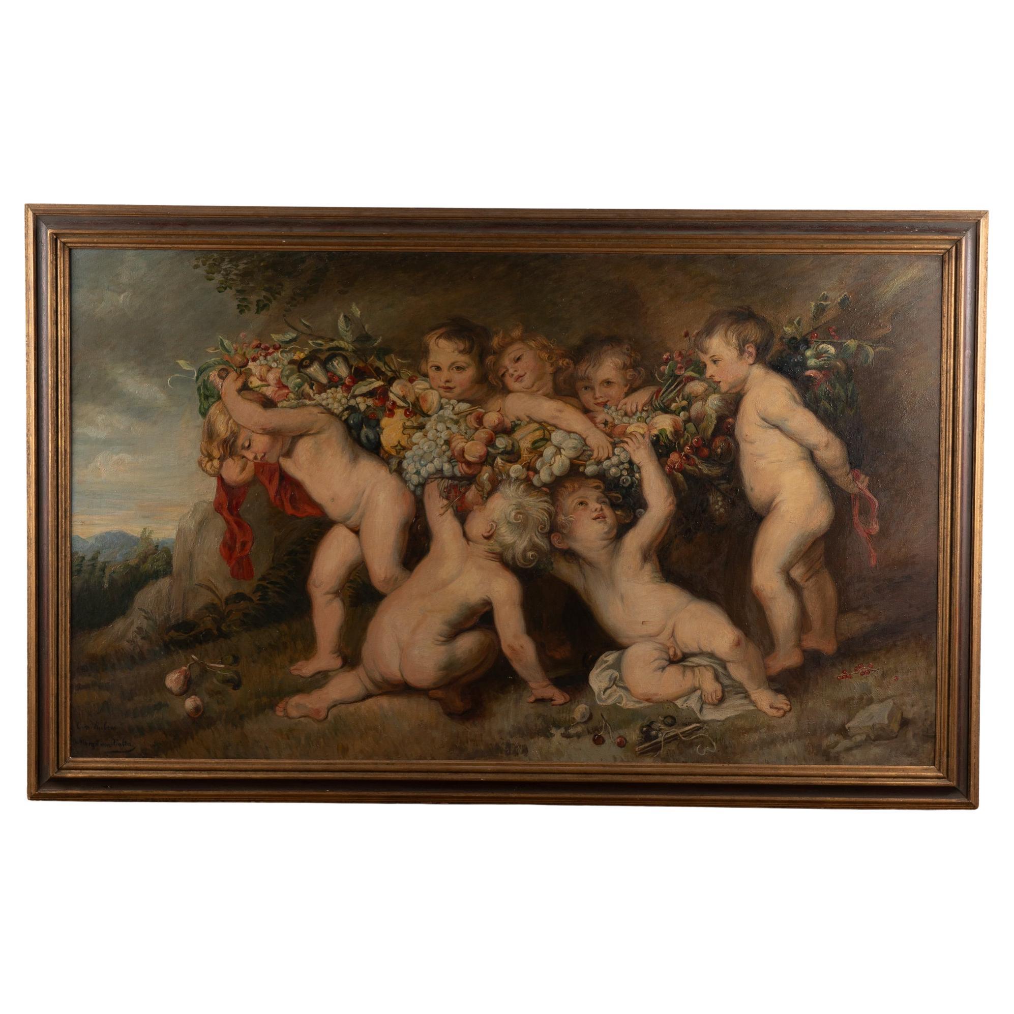 19th Century Large Painting of Putti with Fruit Garland, signed Margit von Valta