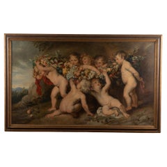 19th Century Large Painting of Putti with Fruit Garland, signed Margit von Valta