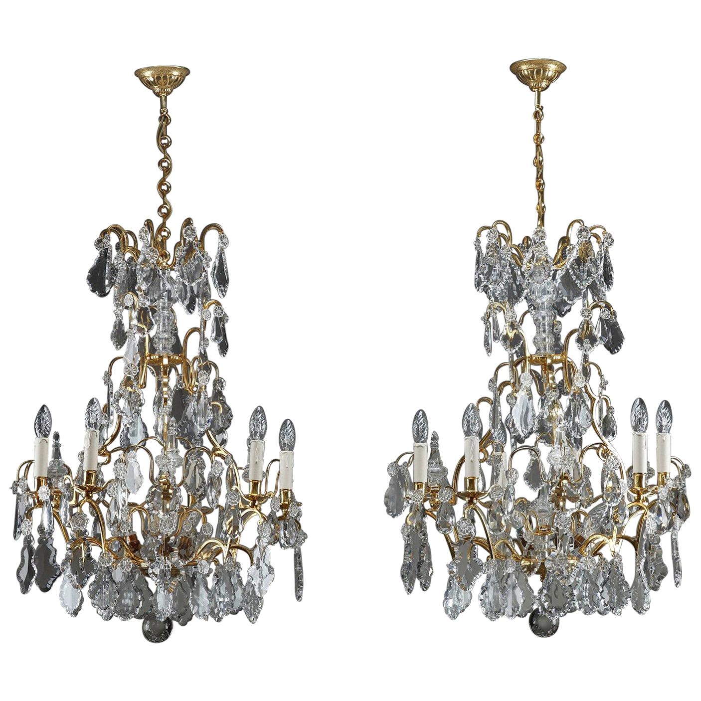 19th Century Large Pair of 9-Light Crystal Chandeliers