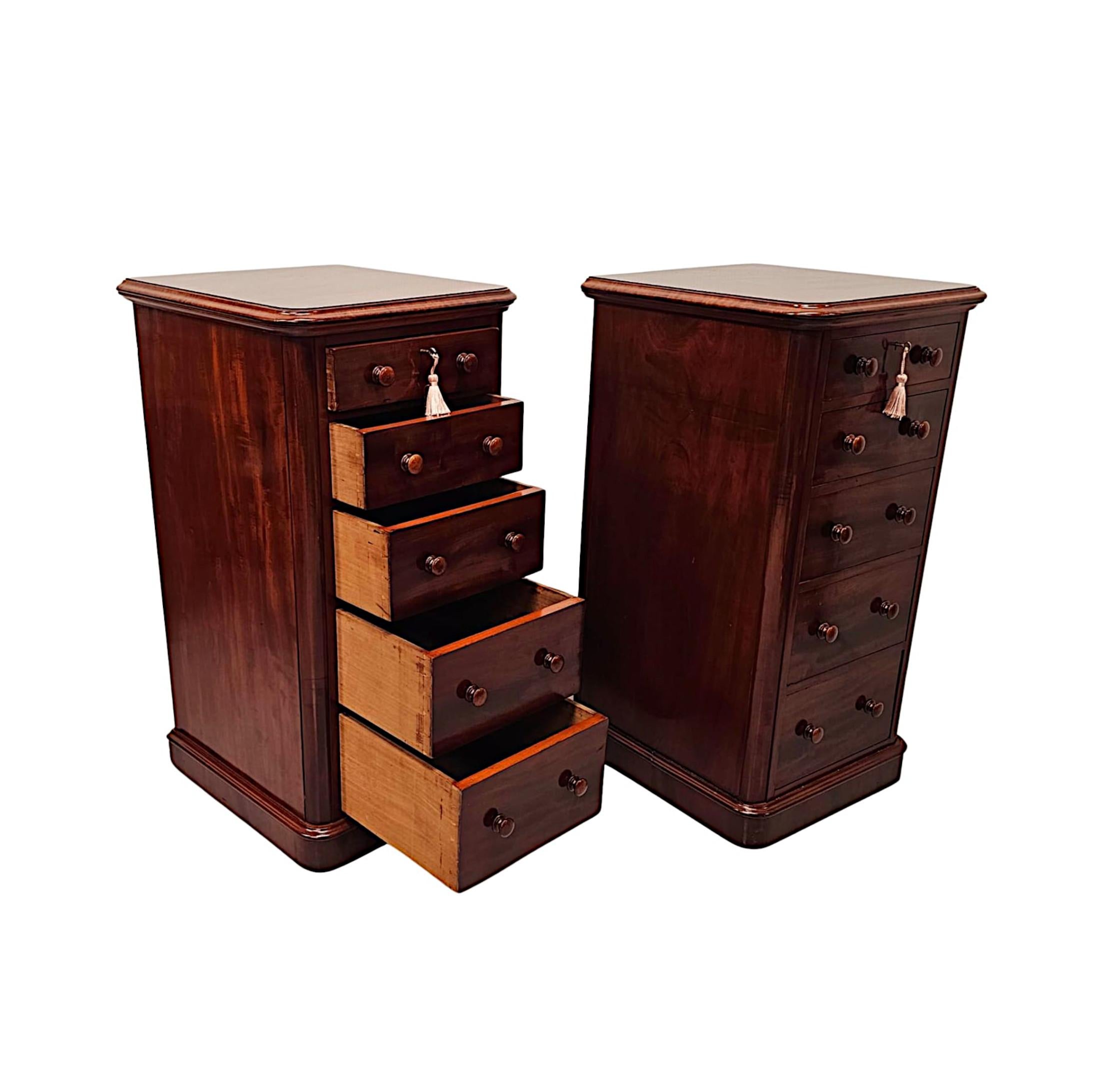 Mahogany 19th Century Large Pair of Five Drawer Bedside Chests For Sale