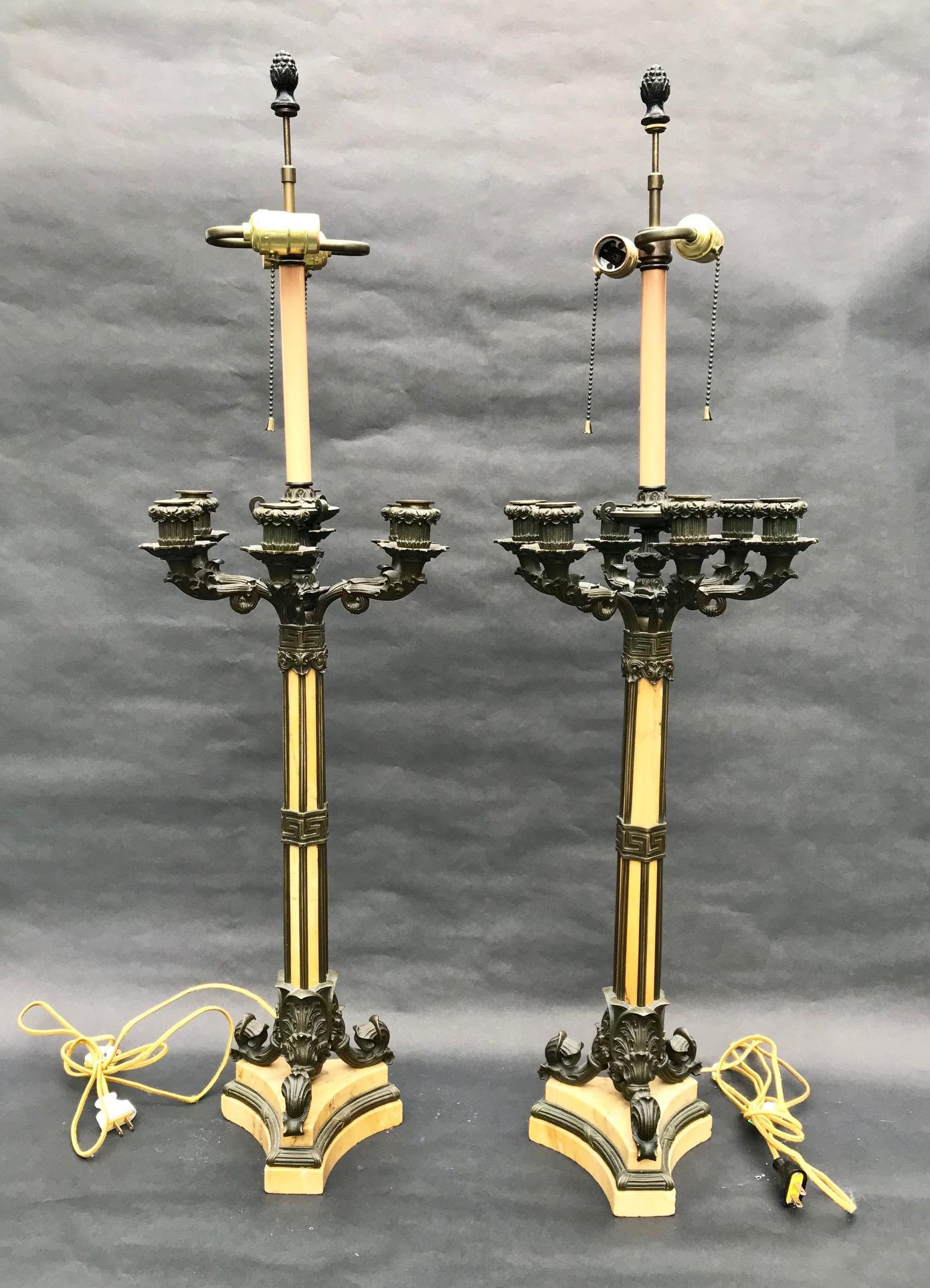 Antique large pair of 19th century French Empire bronze and Siena marble candelabra lamps.

This is a superb rare and large pair of French 19th century Empire period five light candelabra lamps. Each candelabra has five patinated bronze arms mounted