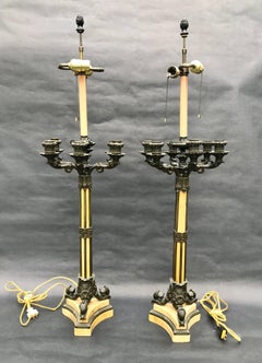 19th Century Large Pair of French Empire Bronze Siena Marble Candelabra Lamps