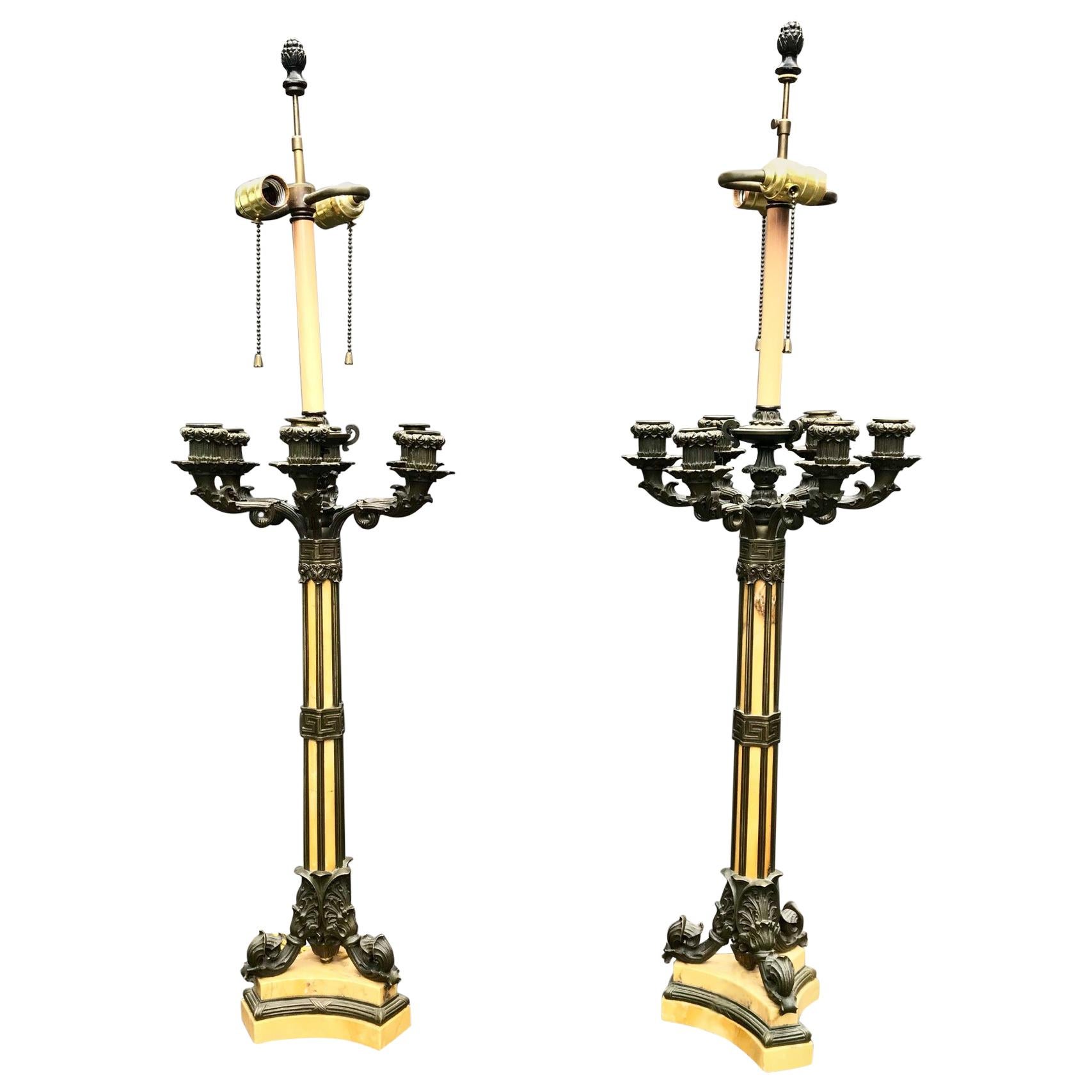19th Century Large Pair of French Empire Bronze Siena Marble Candelabra Lamps
