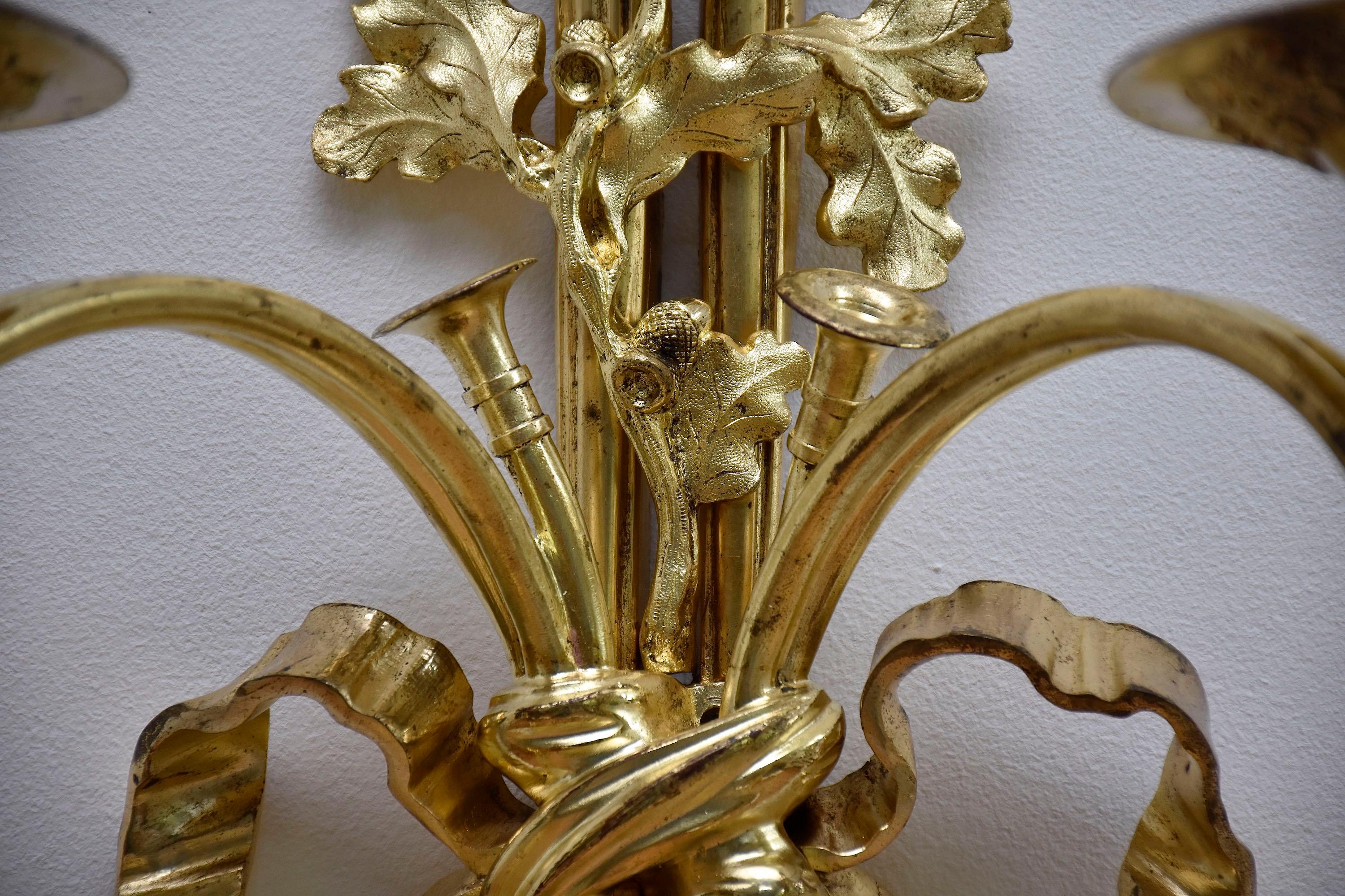 French 19th century large pair of gilt bronze wall lights in the style of Louis XVI For Sale