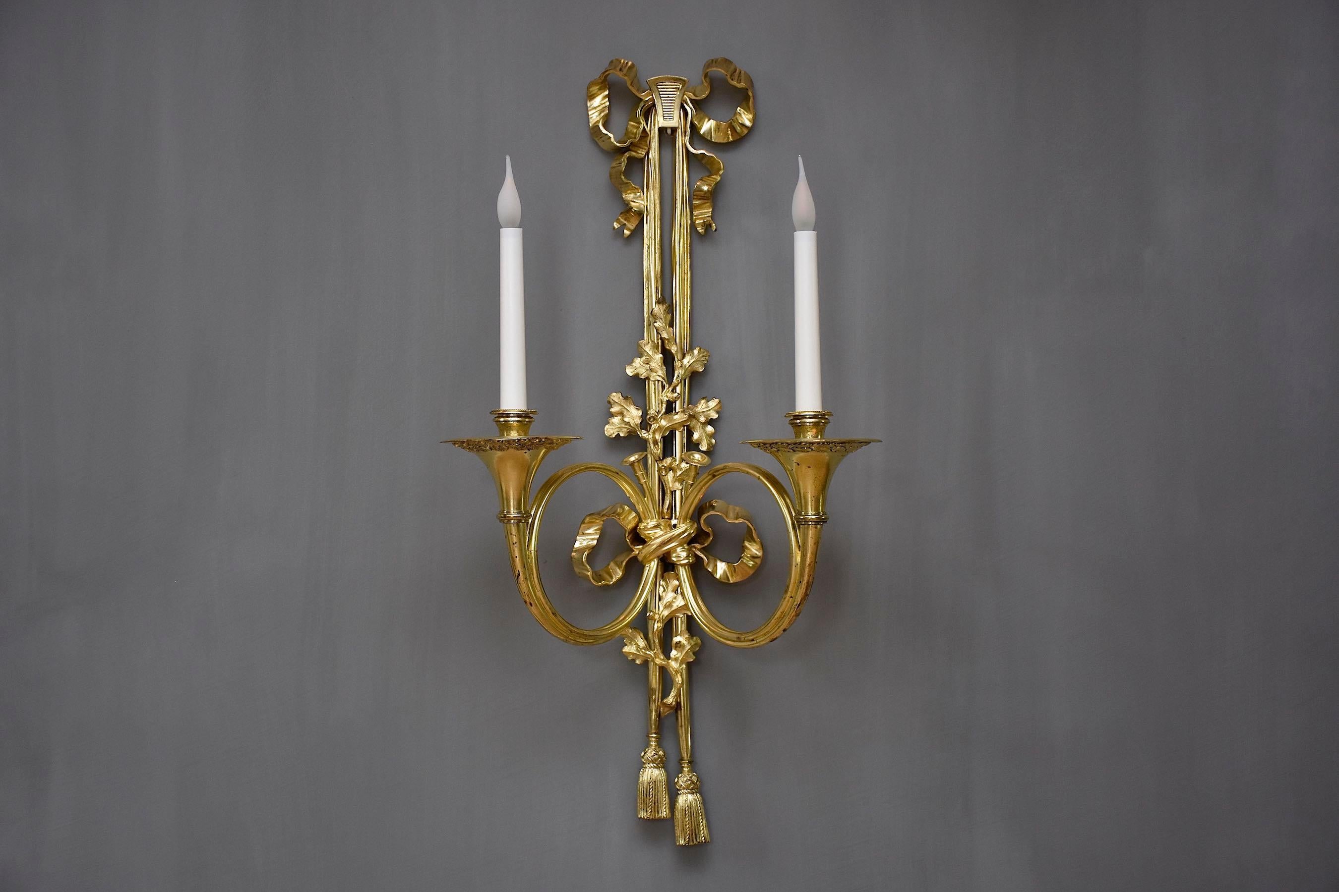 19th Century 19th century large pair of gilt bronze wall lights in the style of Louis XVI For Sale