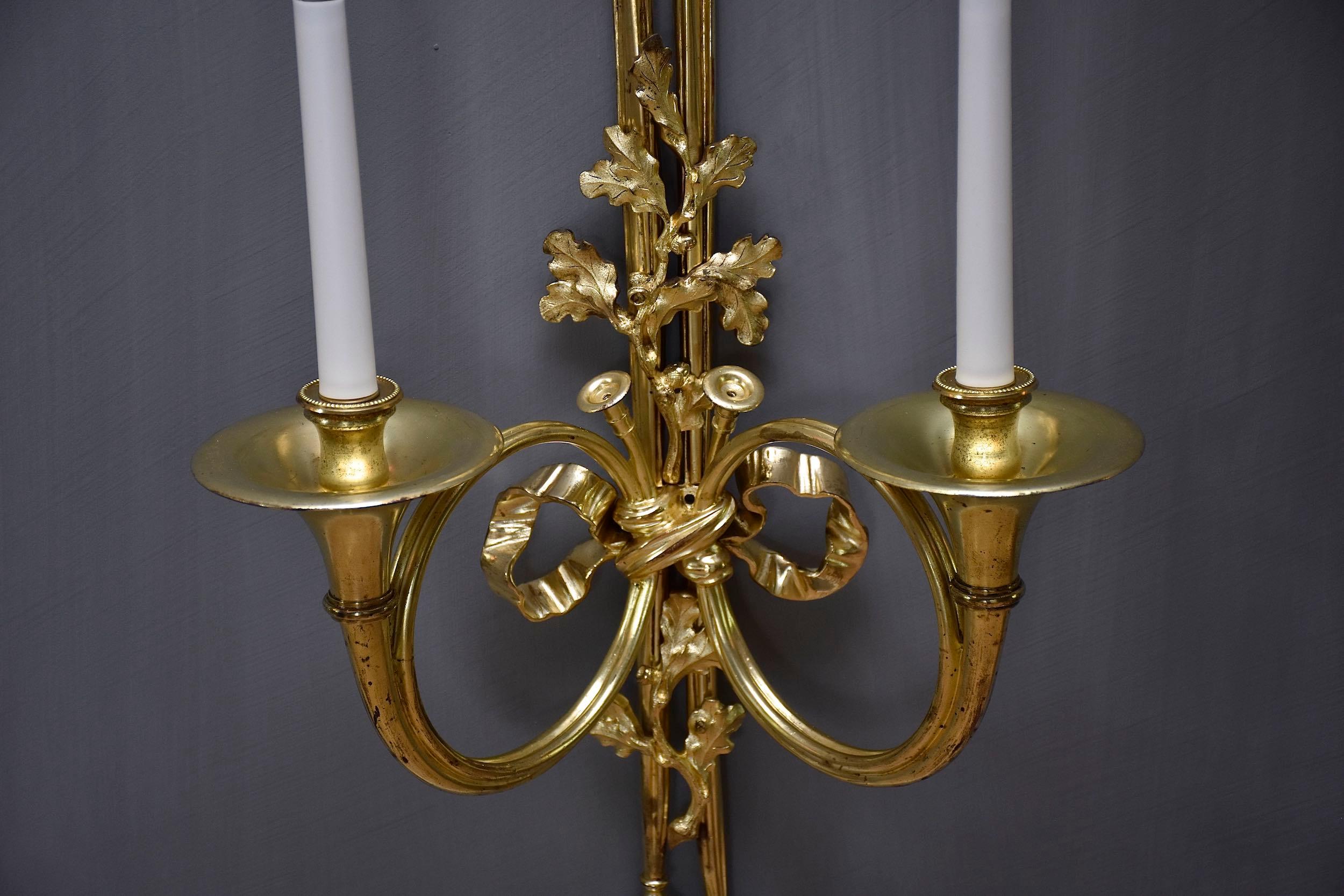 19th century large pair of gilt bronze wall lights in the style of Louis XVI For Sale 1