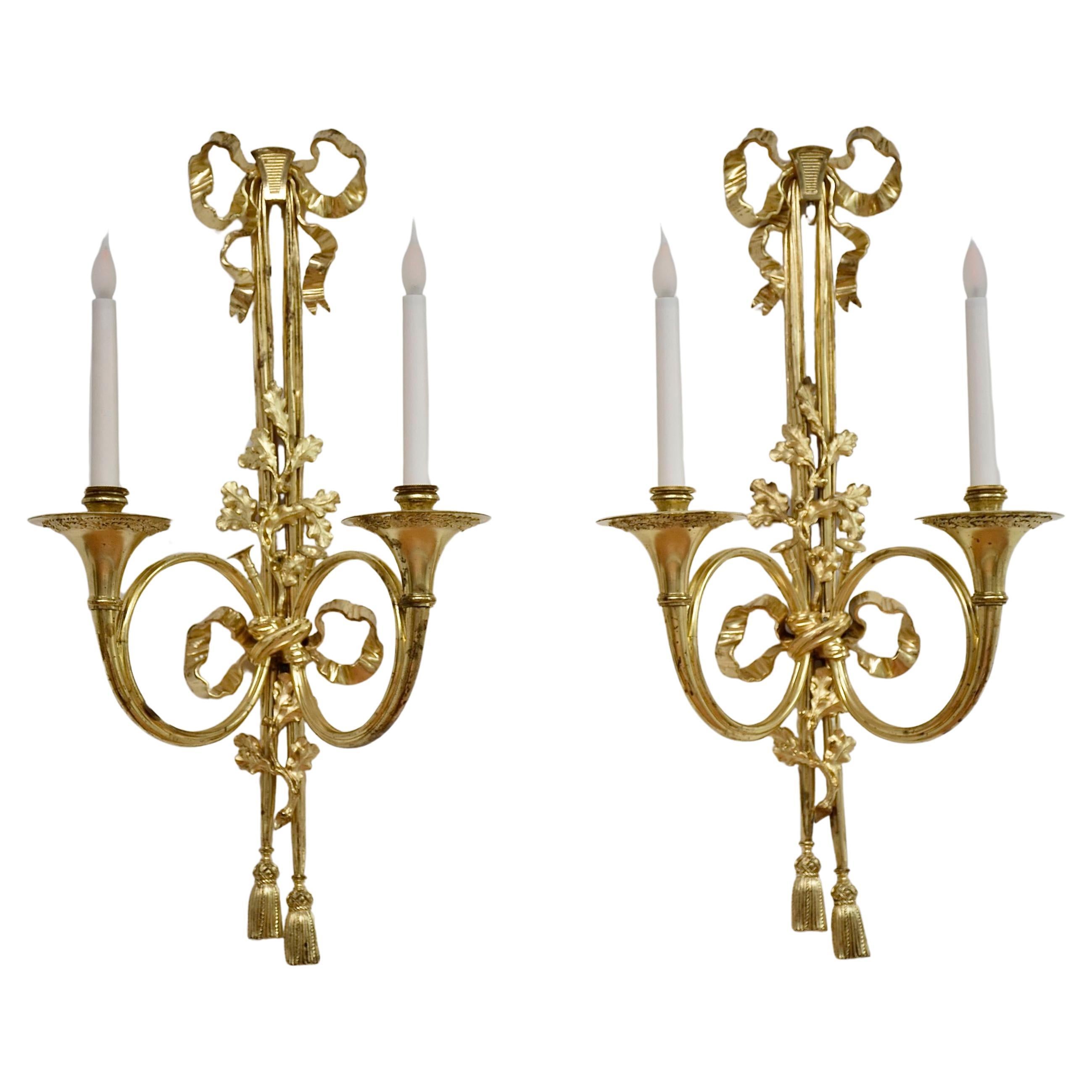 19th century large pair of gilt bronze wall lights in the style of Louis XVI For Sale