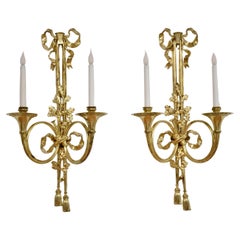 Antique 19th century large pair of gilt bronze wall lights in the style of Louis XVI