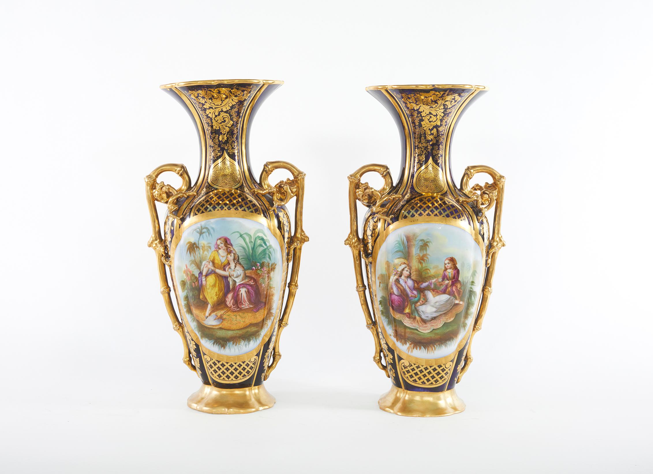 19th Century Large Pair Old Paris Porcelain Vases For Sale 3