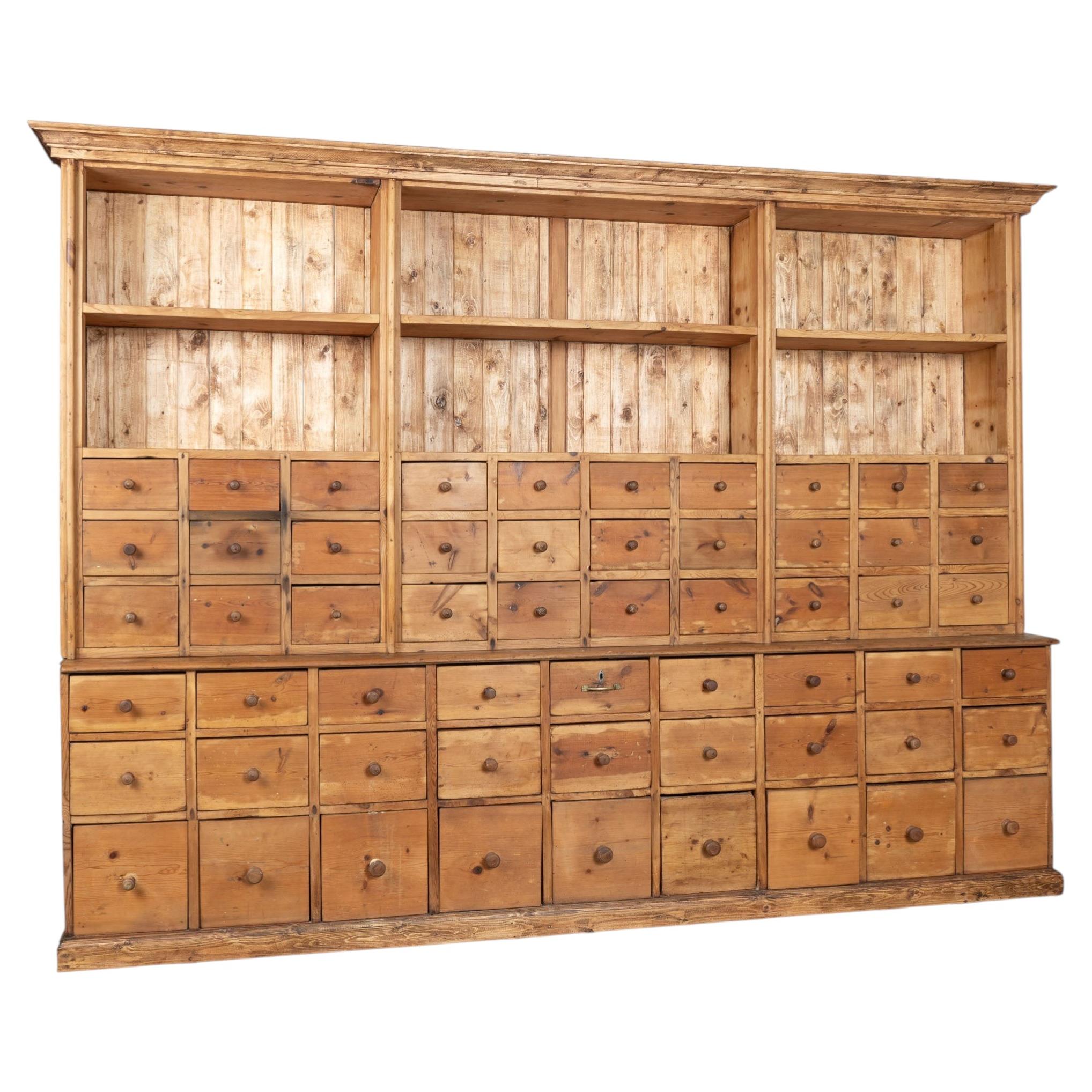 19th Century Large Pine Apothecary Display Cabinet with 57 Drawers