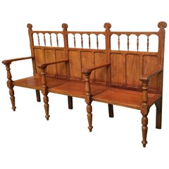 19th Century Large Pine Country Bench with Lattice Back and Three Hinged-Seats