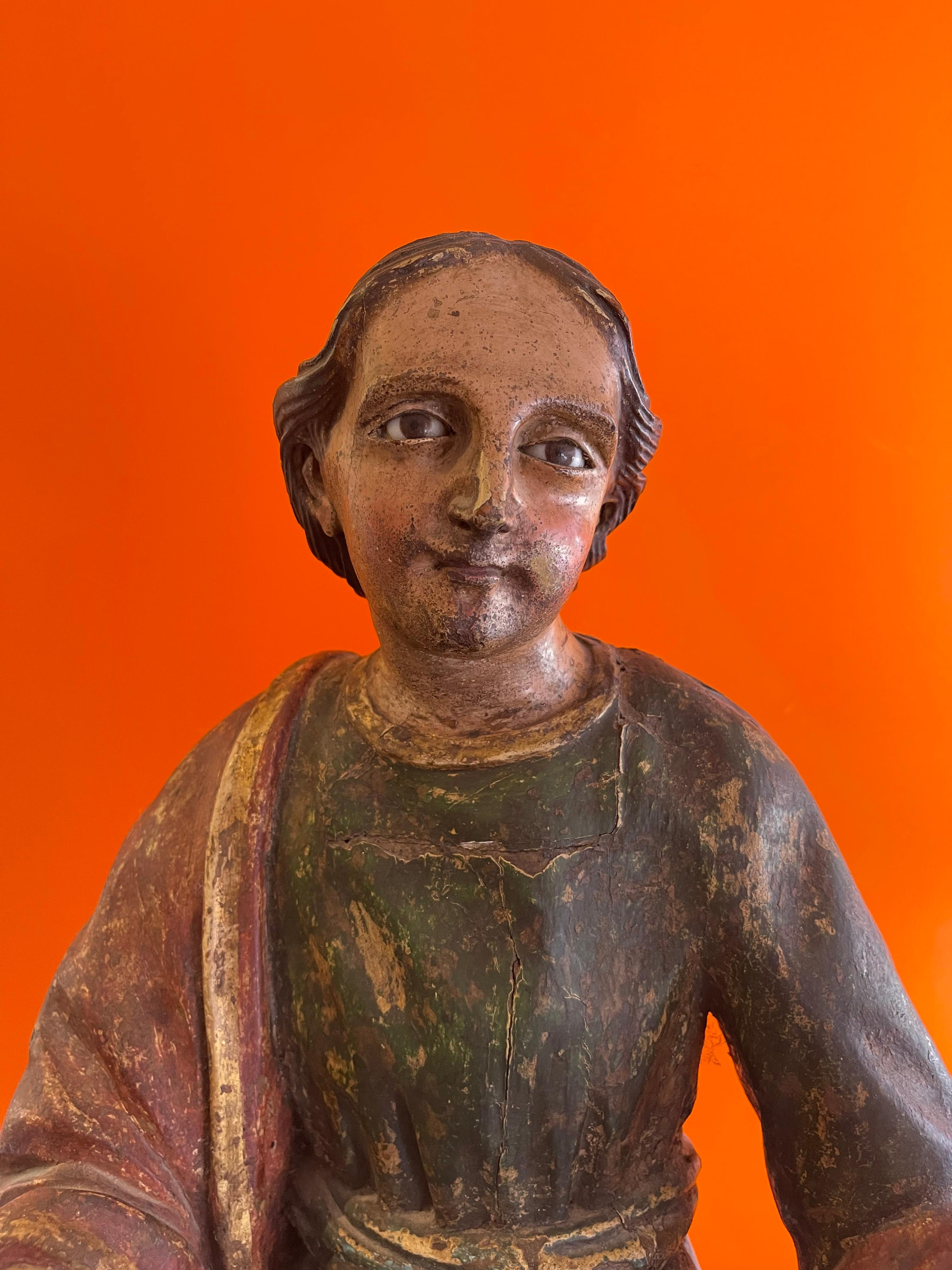 19th Century Large Polychrome Santos Carving In Distressed Condition For Sale In San Diego, CA