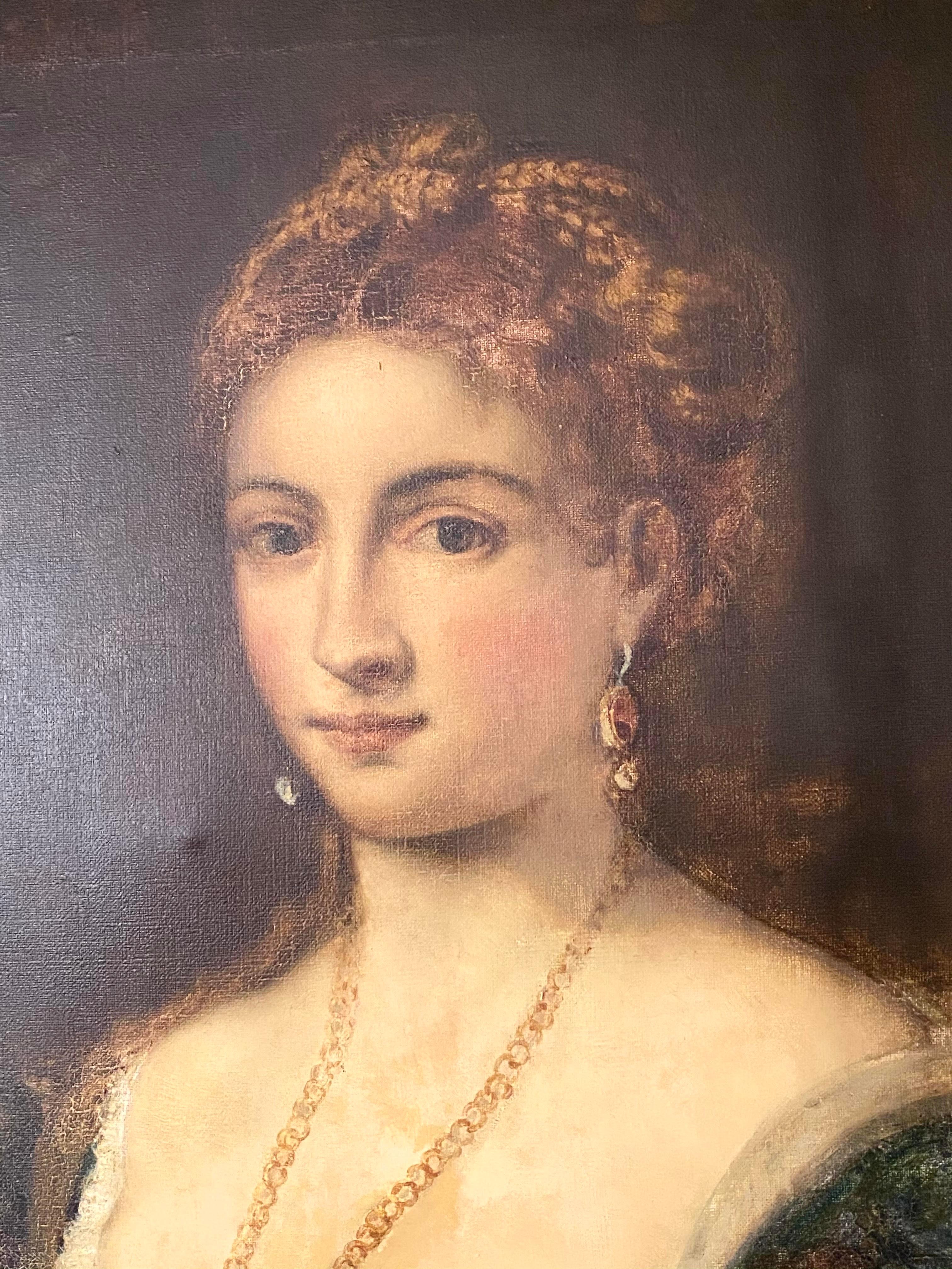 19th century large portrait painting of a duchess in proper attire having a beautiful face holding her jewels. Unframed measures 29