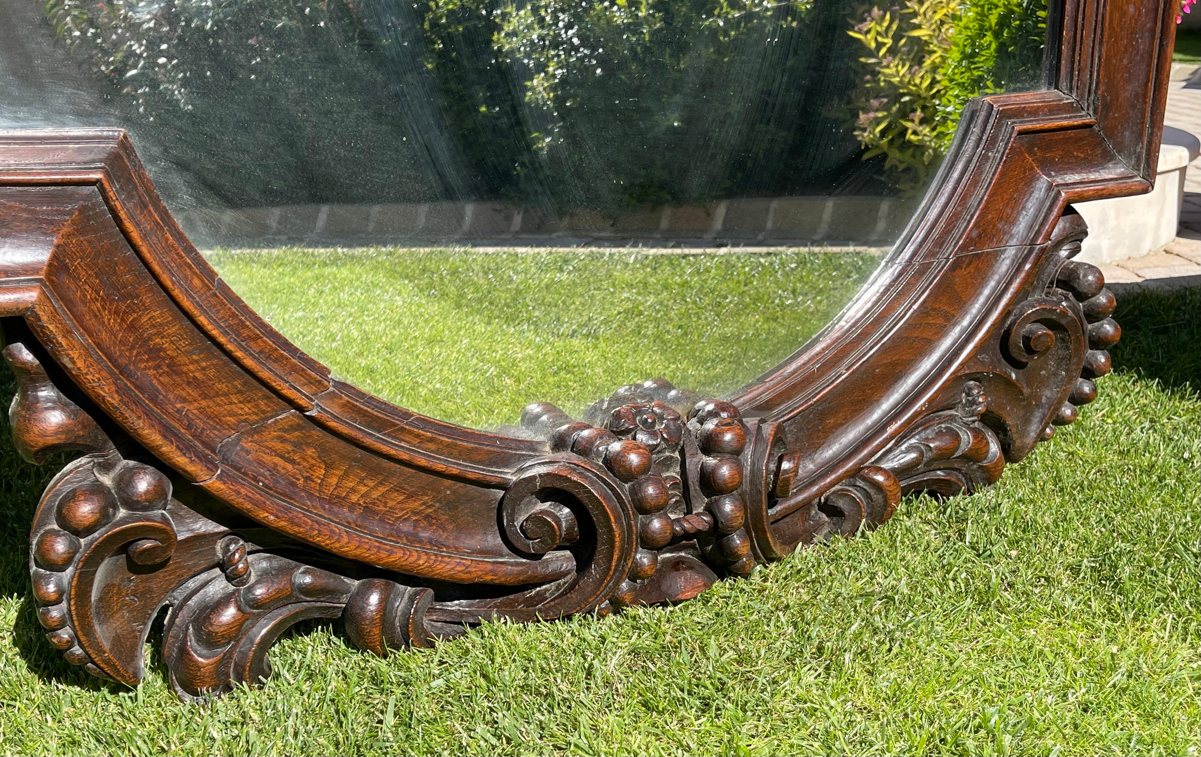 19th Century, Large Renaissance Style Oak Mirror Richly Carved For Sale 1