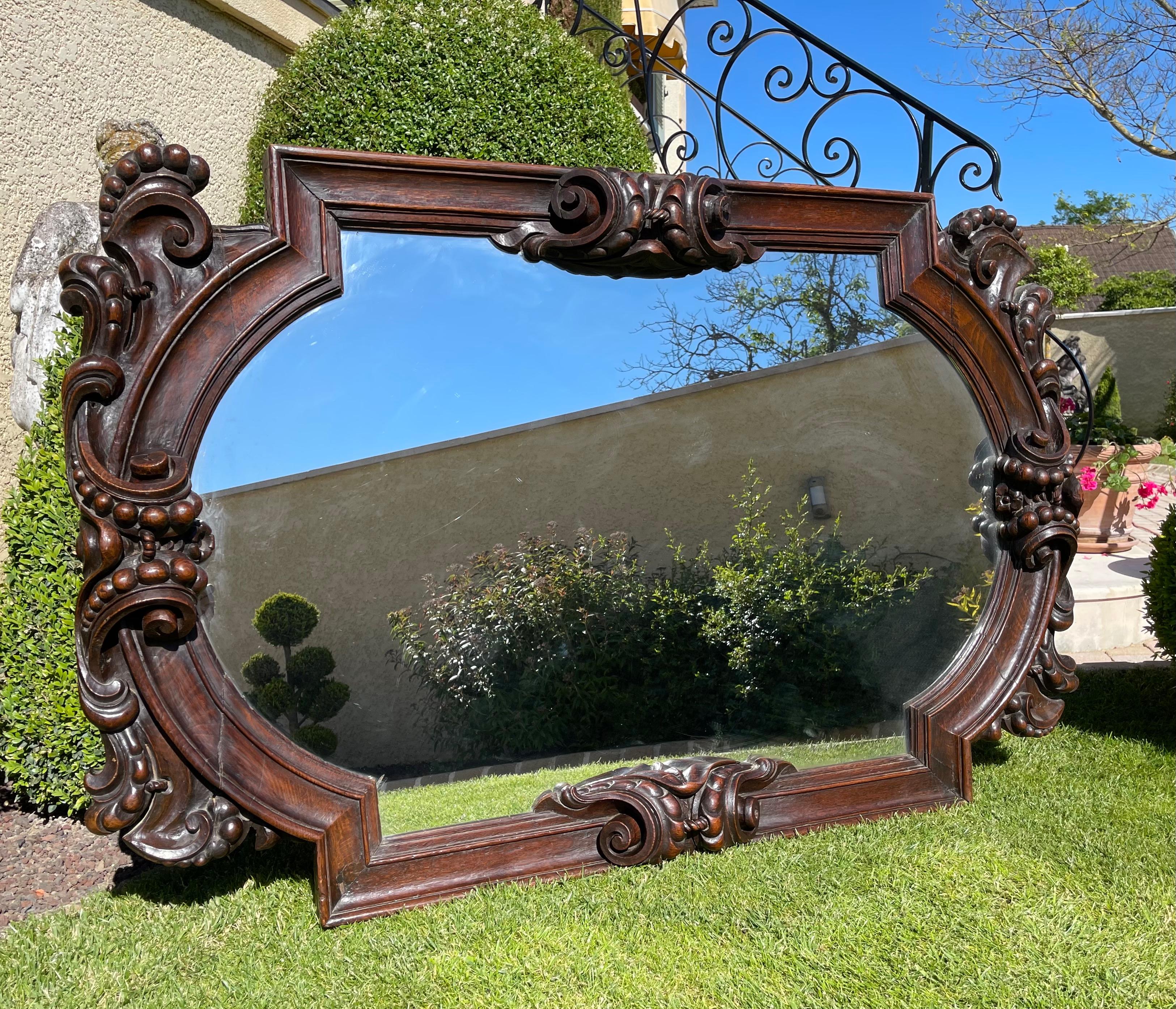 19th Century, Large Renaissance Style Oak Mirror Richly Carved For Sale 4