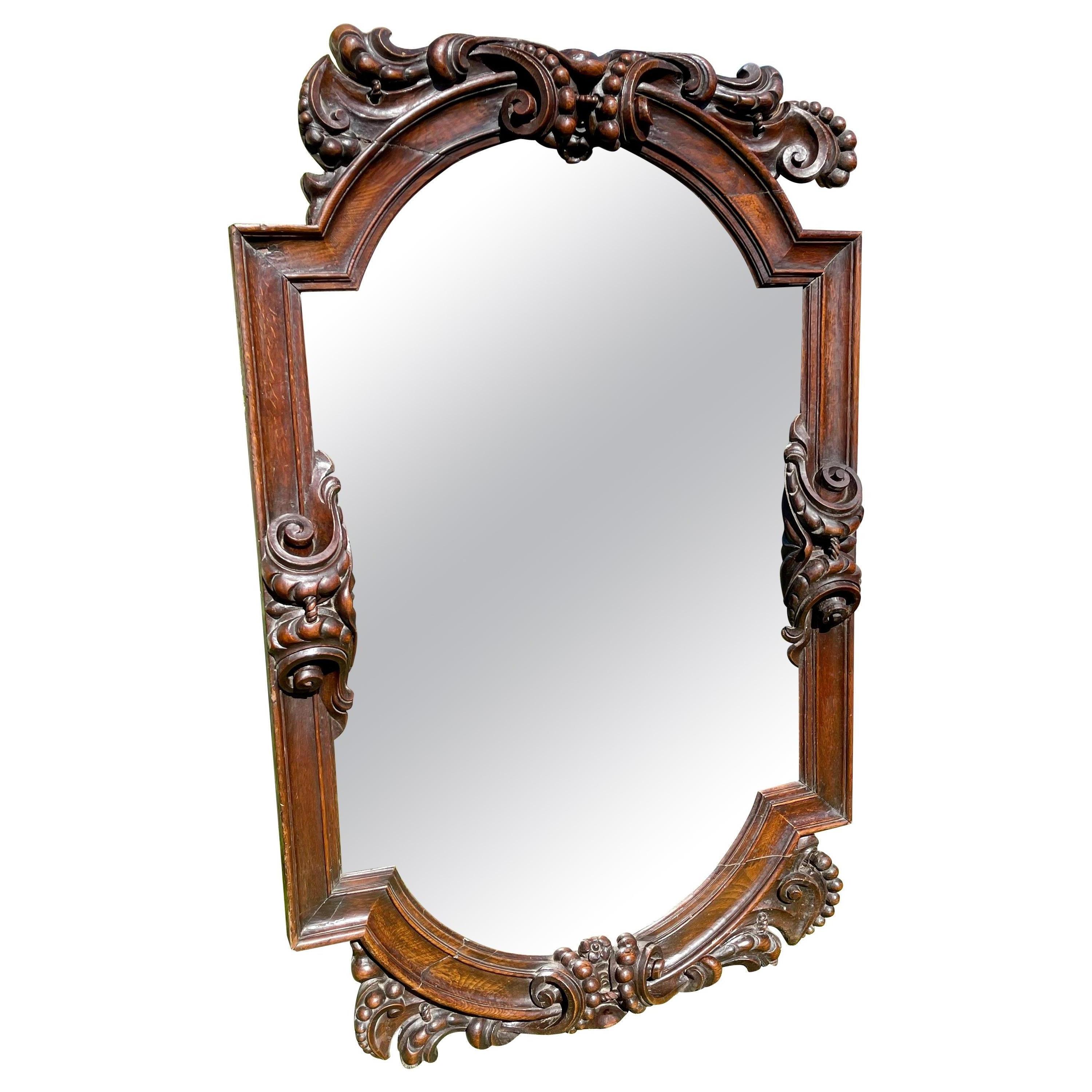 19th Century, Large Renaissance Style Oak Mirror Richly Carved For Sale