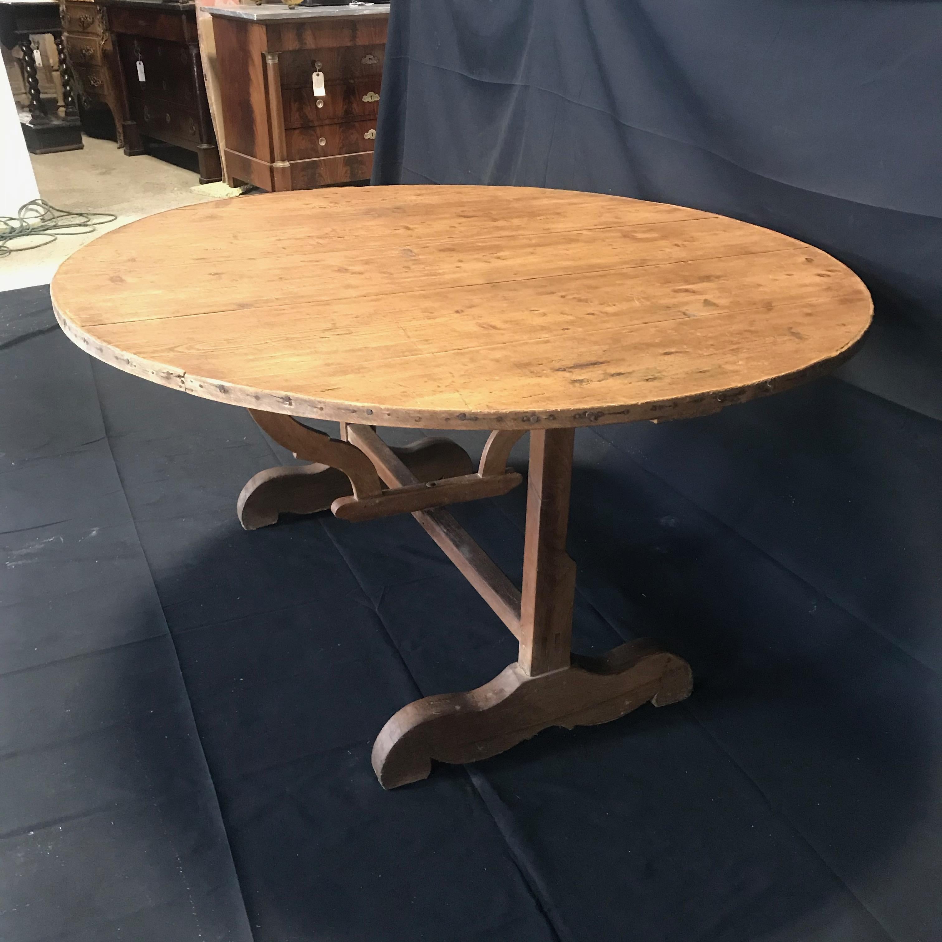 Pine 19th Century Large Round Antique French Wine Tasting and Dining Table