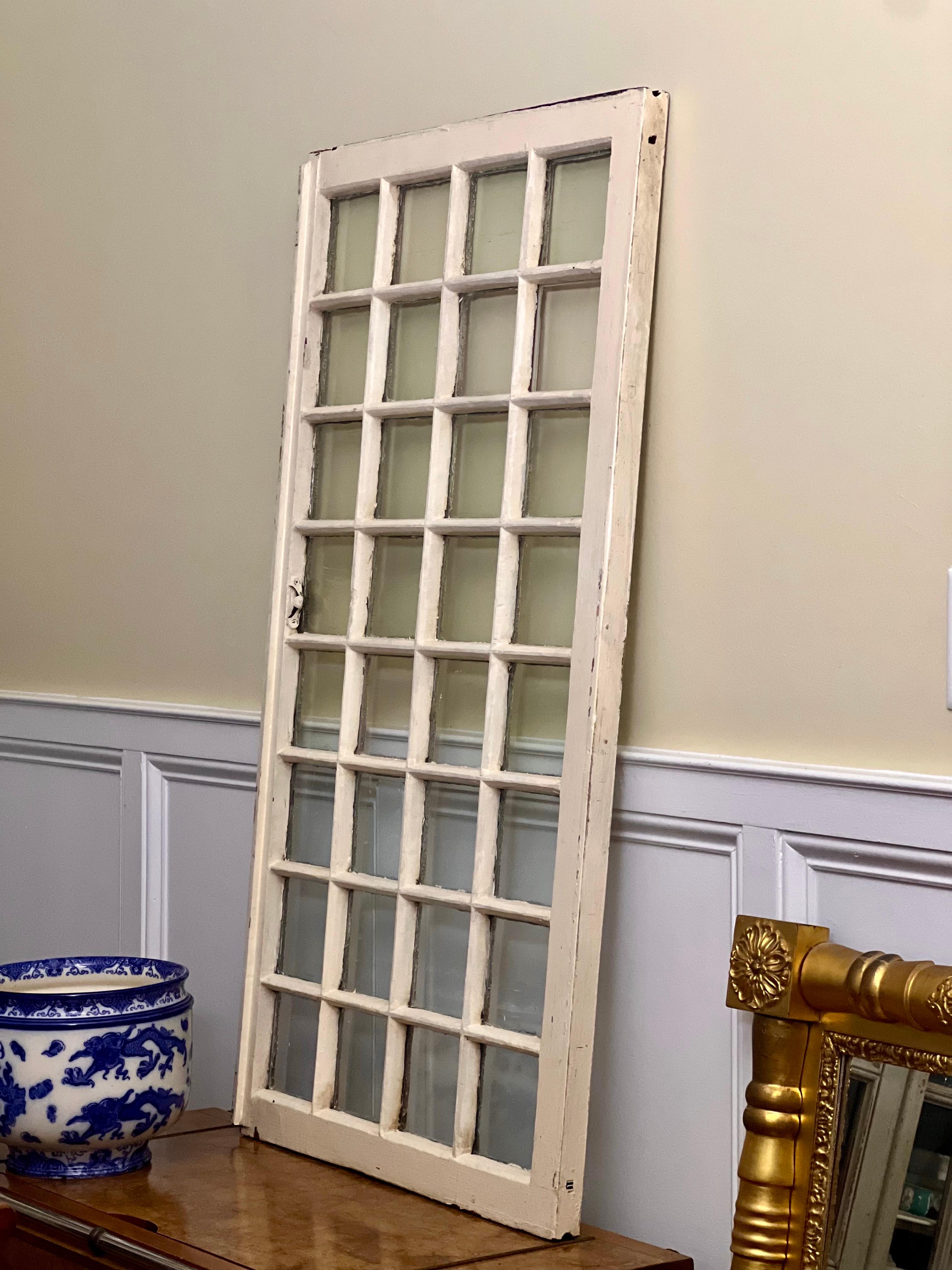 19th Century Large Rustic Painted Wood 32-Pane Window Sash with Original Glass For Sale 8