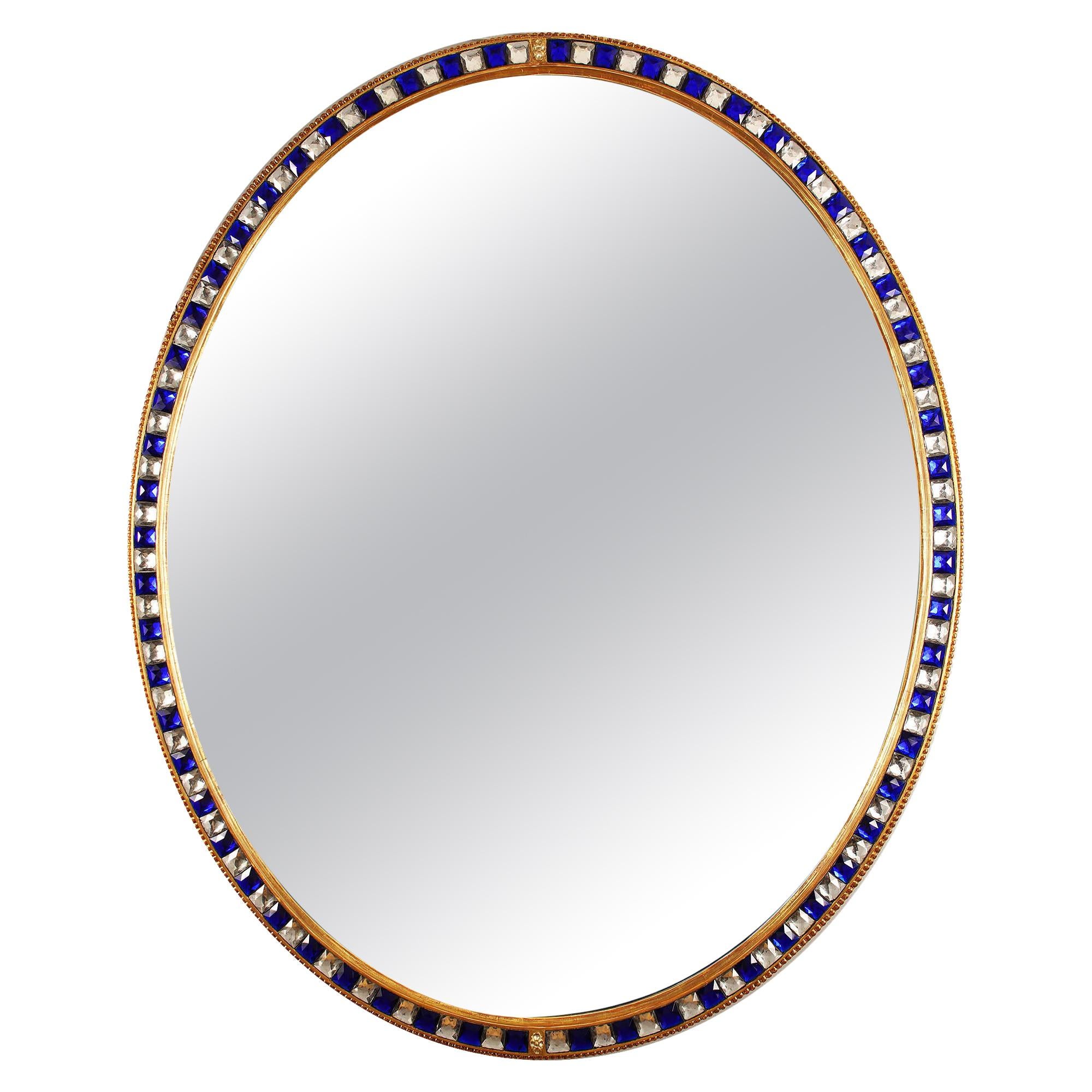 19th Century Large Scale Oval Blue and Clear Border Glass Mirror For Sale