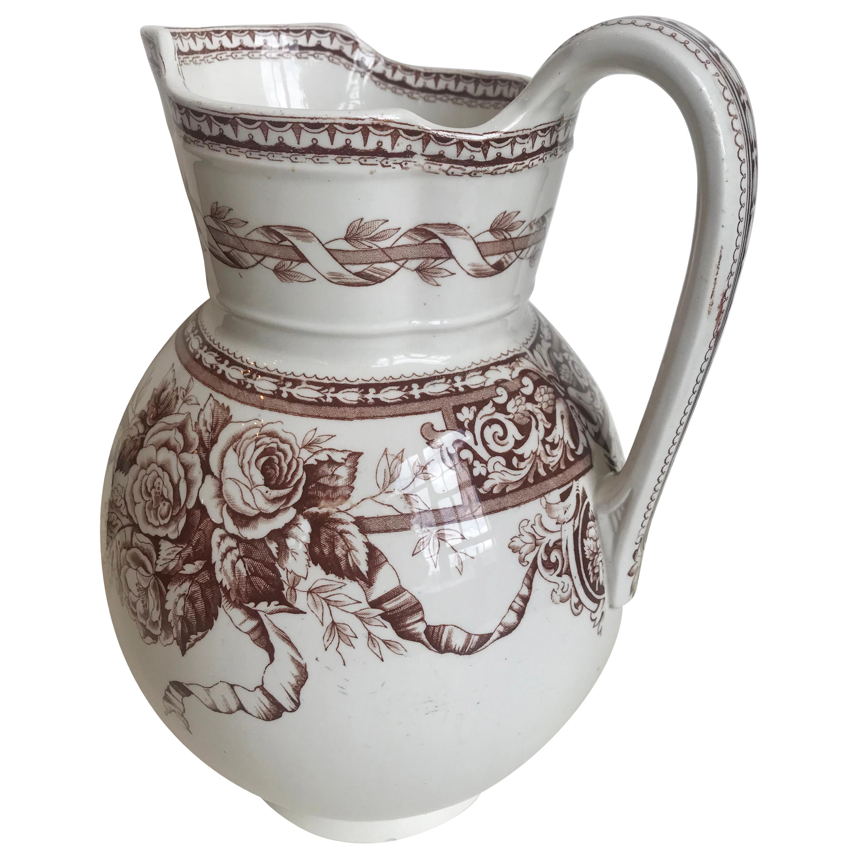 19th Century Large Scale Floral Ribbon English Ironstone Pitcher For Sale