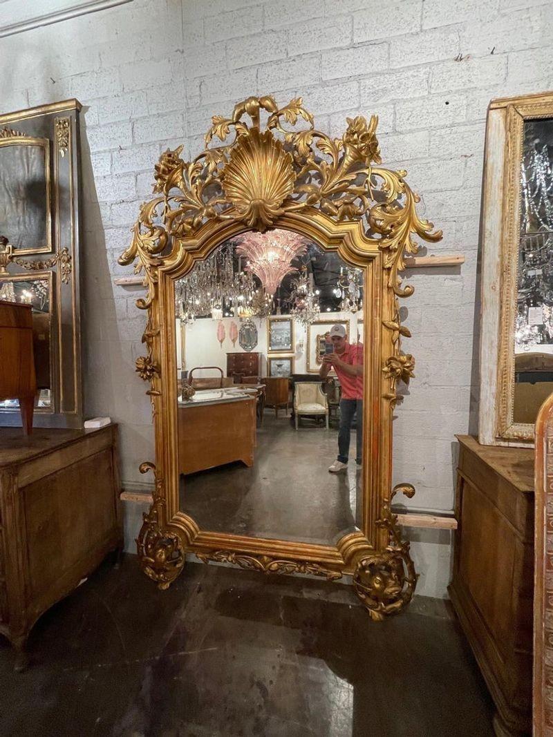 Außergewöhnlicher, großformatiger französischer Rokoko-Spiegel aus vergoldetem Holz aus dem 19. Beeindruckende Schnitzereien, darunter ein verziertes Wappen. Es gibt eine Putte, die in der Mitte des Wappens hinzugefügt werden kann, aber der Spiegel