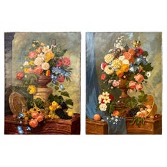 Nature morte française à grande échelle du 19ème siècle, peinture à l'huile représentant des fleurs - S/2
